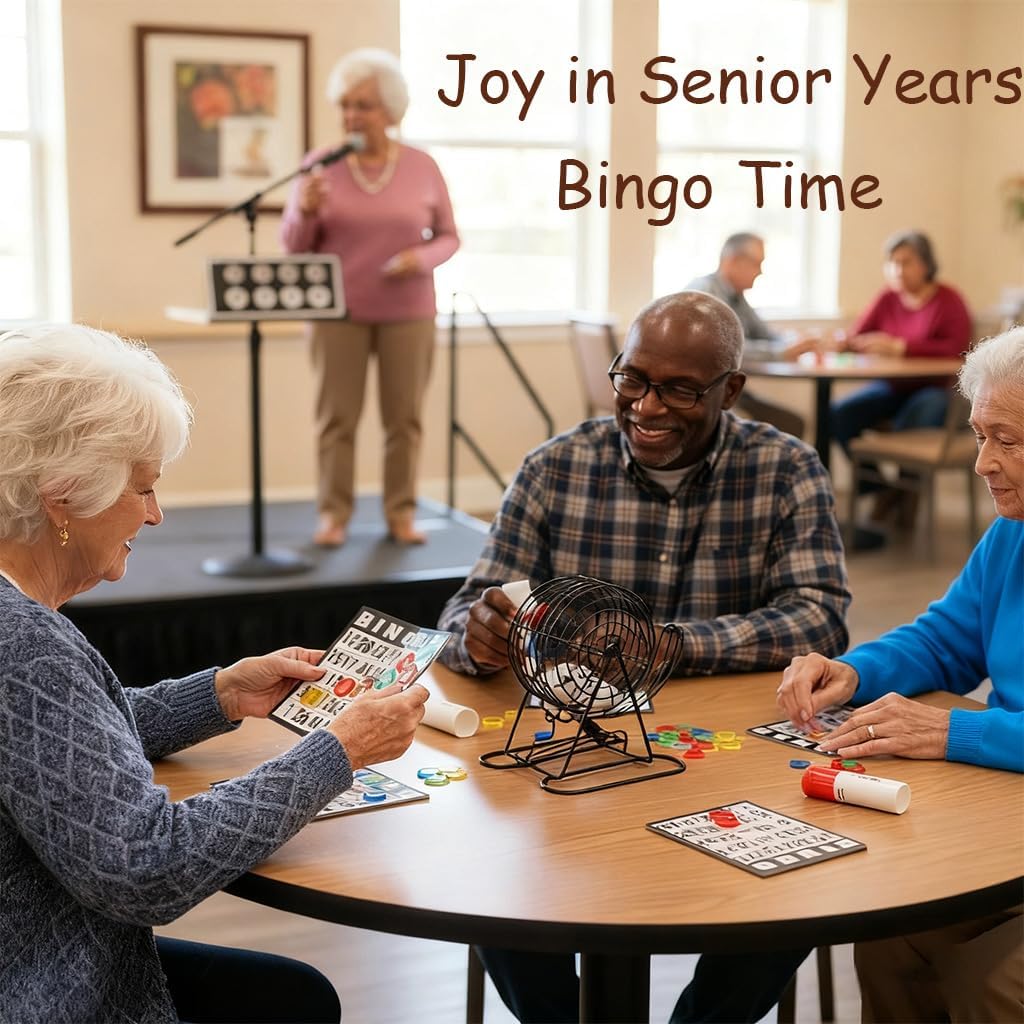 Bingo Cage Game Set for Adults and Youths，Premium Bingo Set includes 8inch rotating metal cage, 75 bingo balls, 18 cards, 150 chips, and foldable main board. Ideal for family bingo and parties