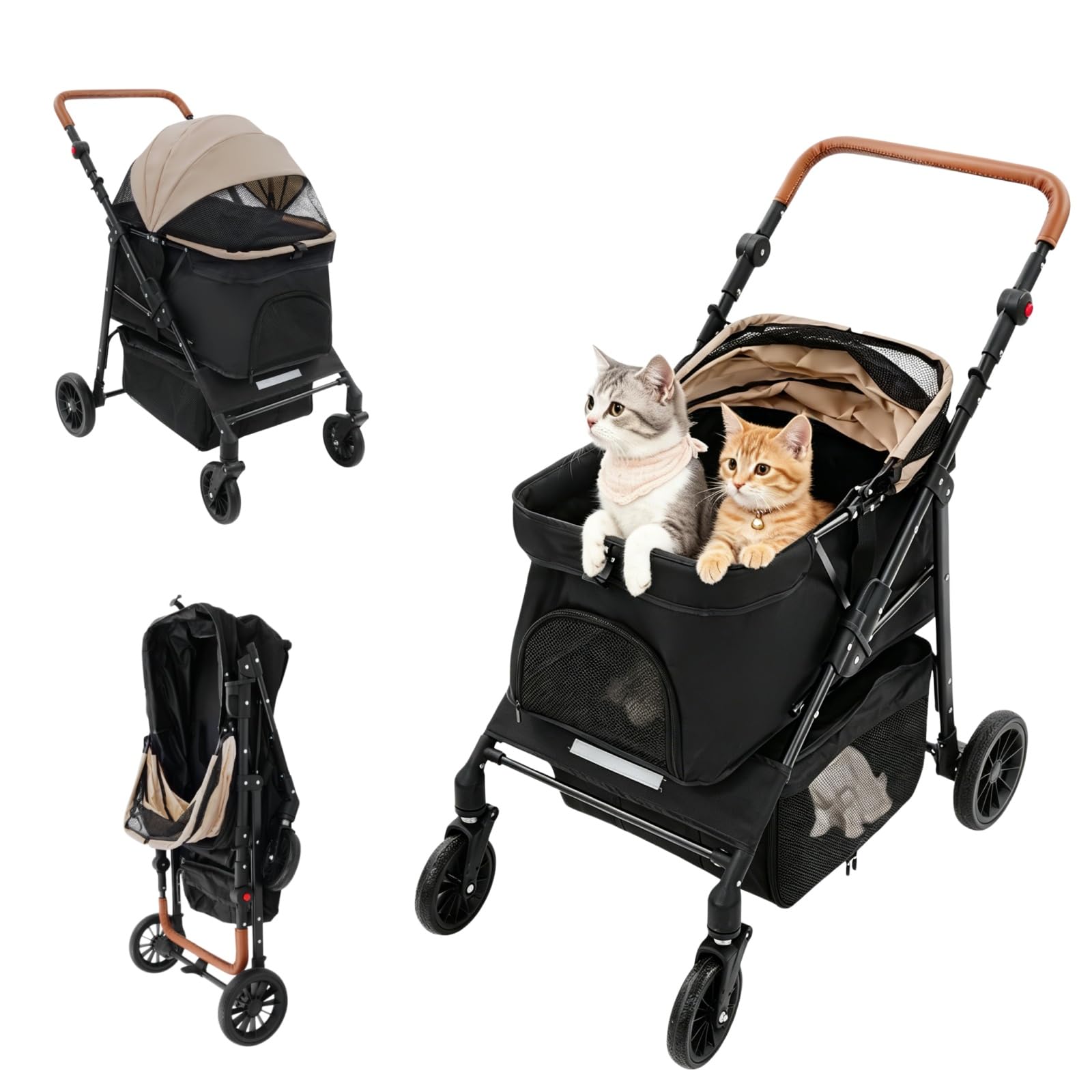 Carrello per cani 2 in 1, pieghevole con due scomparti separati, passeggino per animali domestici fino a 15 kg, con maniglia regolabile, per cani e gatti di piccola taglia (nero + cachi)