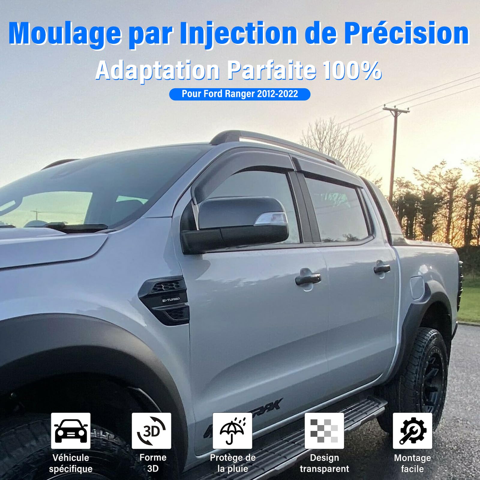Déflecteurs de Vent Déflecteurs de Pluie Noirs pour Ford Ranger 2012-2022 T6 T7 T8 Double Cabine XL XLT Tremor Limited Wildtrak Wildtrak X Platinum et Ranger Raptor