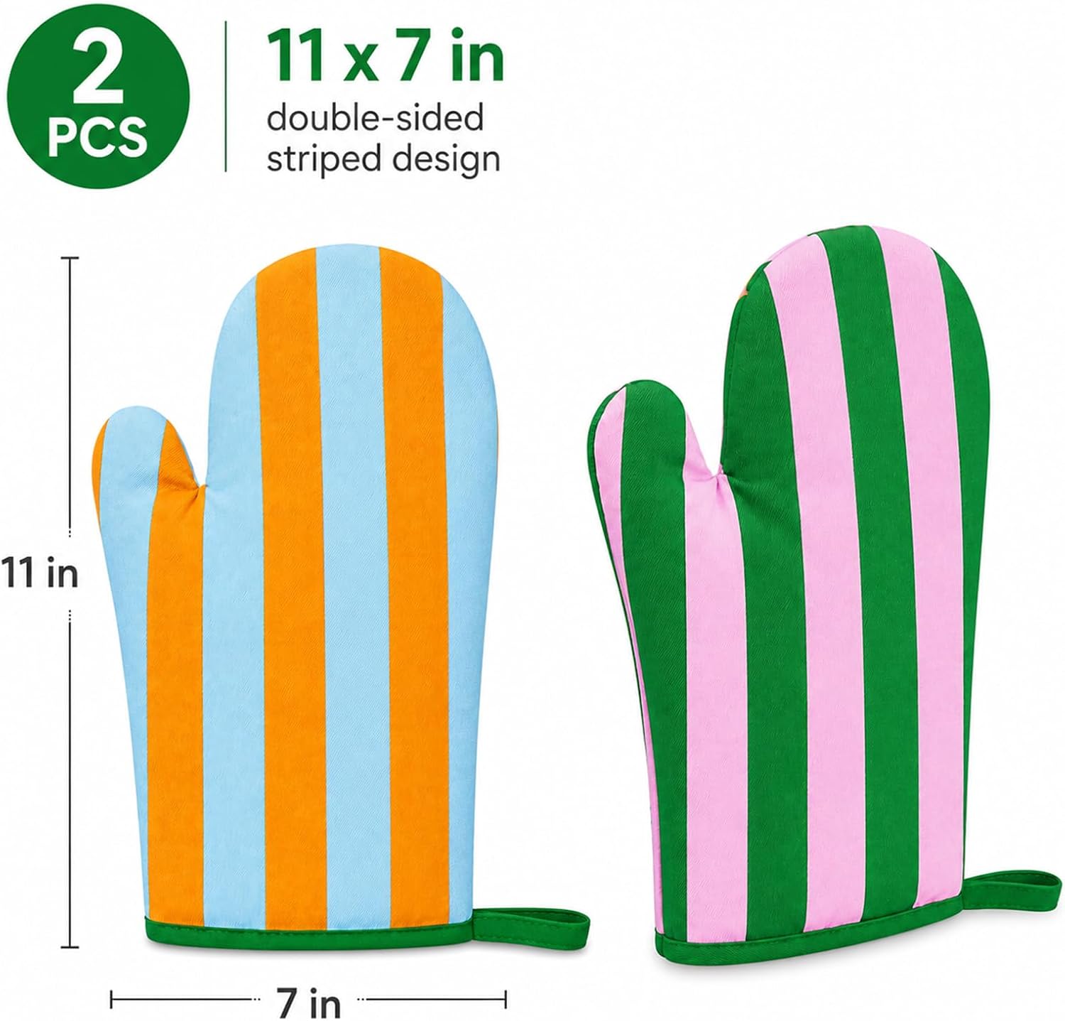 FYSUIMU 2Pack Cabana Stripe Oven Mitt Double-Sided, Pink Blue Orange Green
