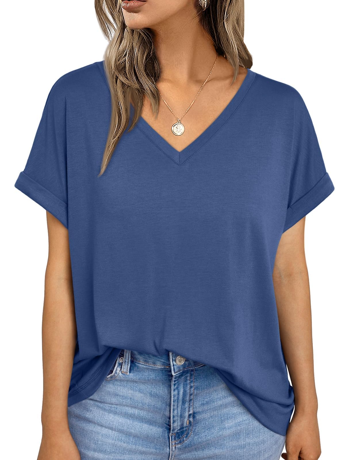 BINLIANG Women Loose Fit Short Sleeve Tshirts Casual Basic V Neck Summer Tops