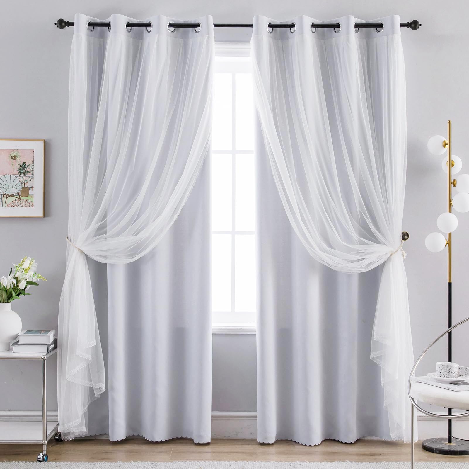 anytime home curtains blackout and sheer layered solid window curtain panel pair with grommet top, 52wx84l,greyish white