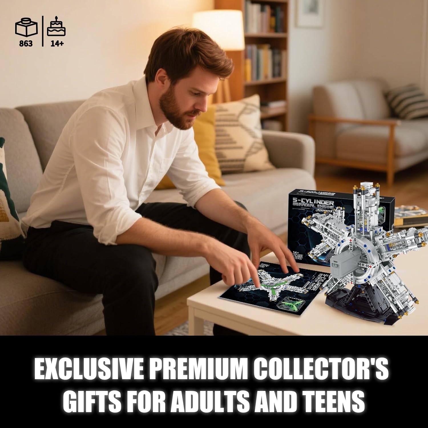 5-Cylinder Radial Engine Building Set, Build Your Own Mini Military Plane Engine Model Kit that Runs, Compatible with Lego WW2, STEM Toy Gifts for Adults & Teens Boys 8-14+ (863 PCS)