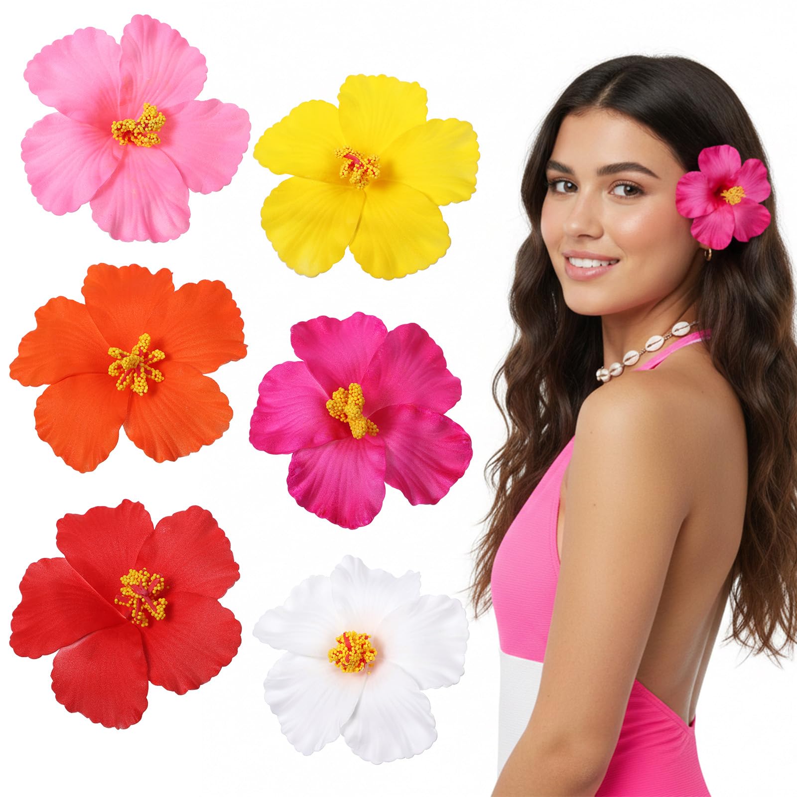 6 Pcs Hawaiian Flower Hair Clips Plumeria Hibiscus Hair Clip Artificial Flower Clips for Hawaiian Vacation Beach Seaside Wedding Party