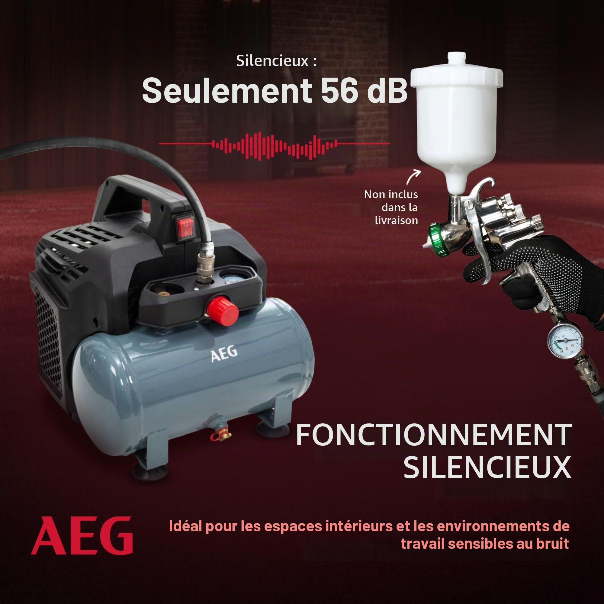 AEG KL6 Compresseur d'air comprimé silencieux et puissant pour atelier, maison, loisirs, polyvalent, sans entretien, sans huile, 56 dB, puissance du moteur 1,5 CV, réservoir 6 l, 8 bar, 206 l/min