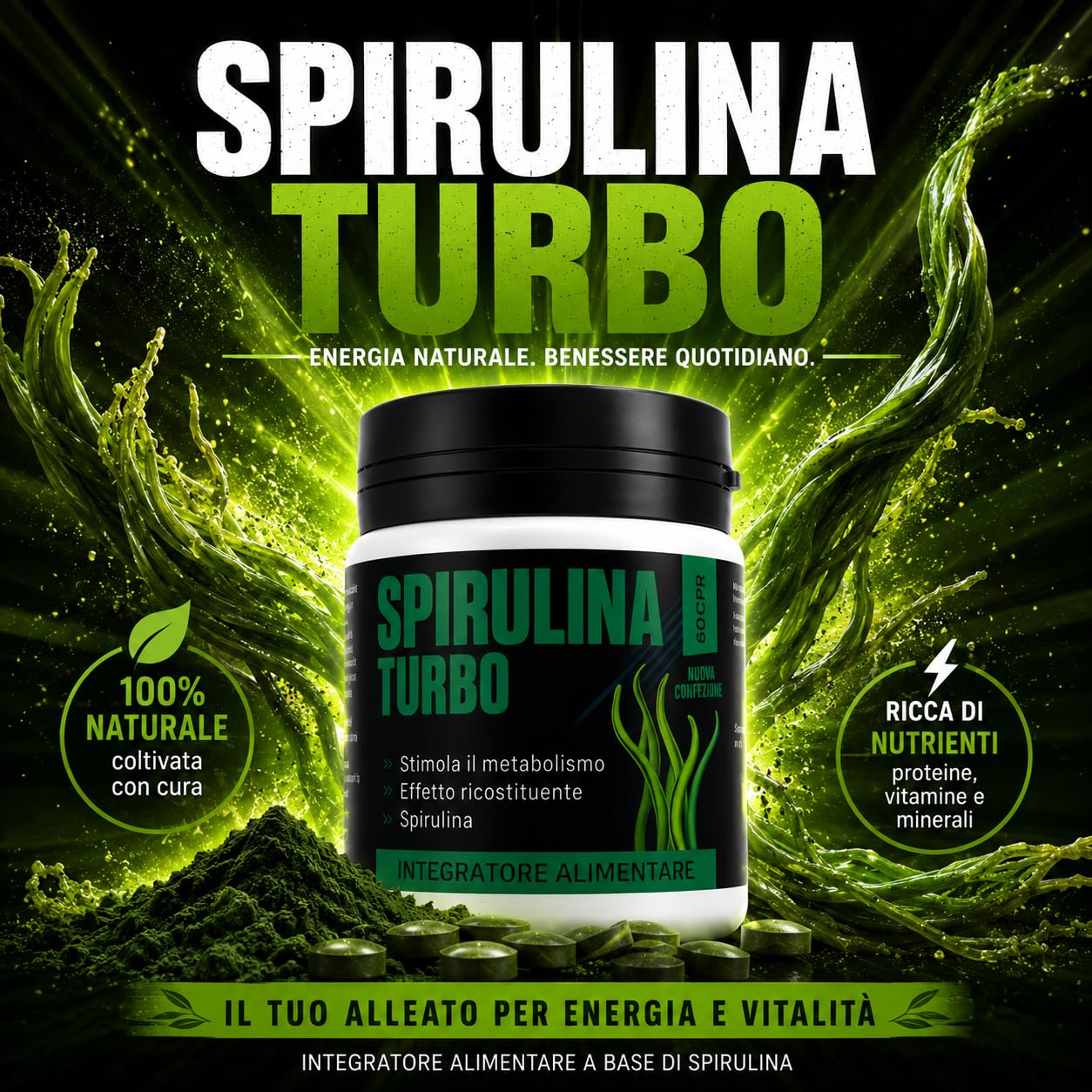Spirulina Turbo Integratore Alimentare con Spirulina 240 Capsule | Con spirulina ad alto contenuto proteico, supporta il senso di sazietà e il benessere quotidiano.