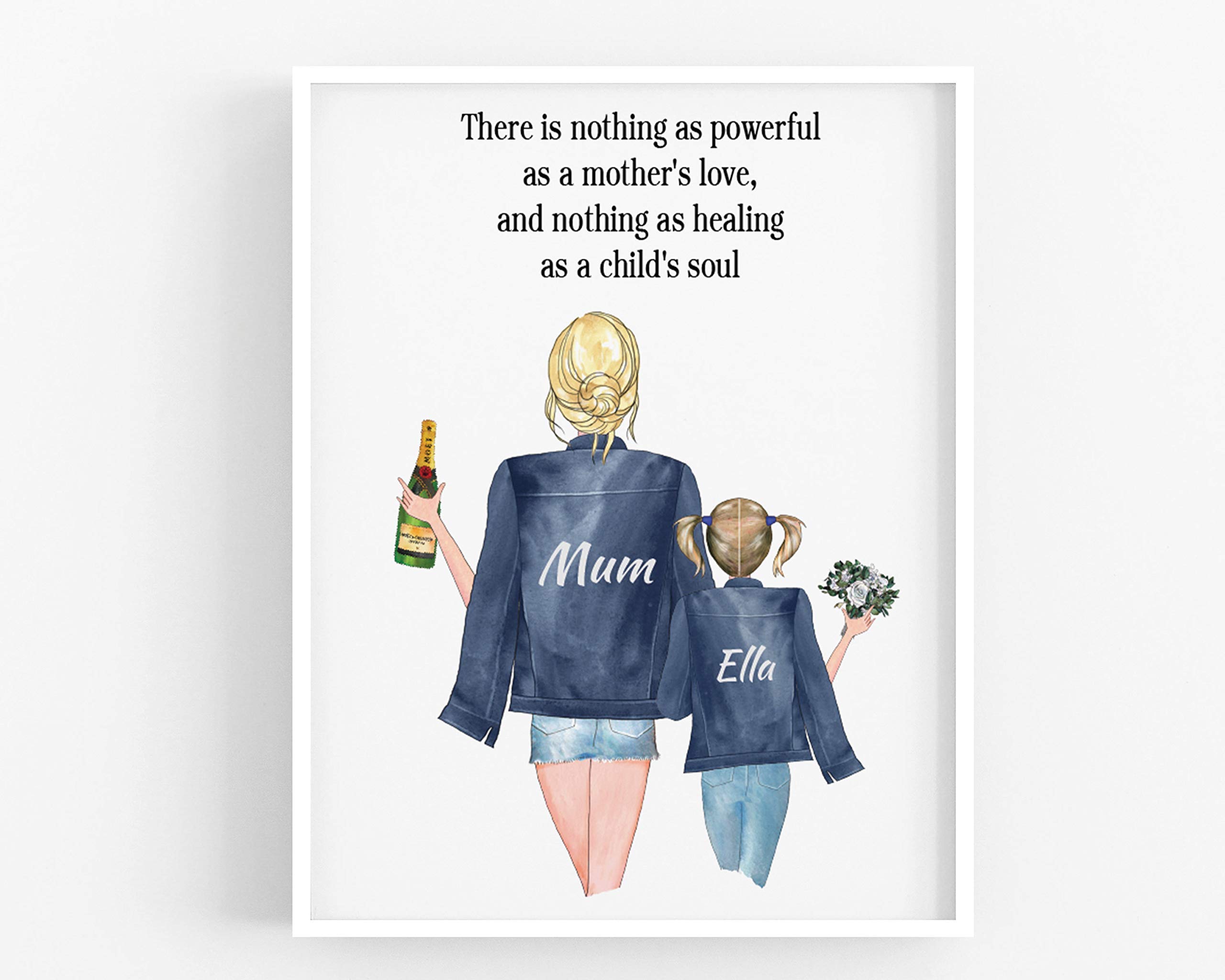 Personalised Gift for Mum, Mum and Child Family Keepsake,Mother Daughter Print,Stepmum Present,Customisable Hair,Clothing,Drinks Mother's Love quote,UNFRAMED Available in 5"x7",A5,8"x10",A4,A3