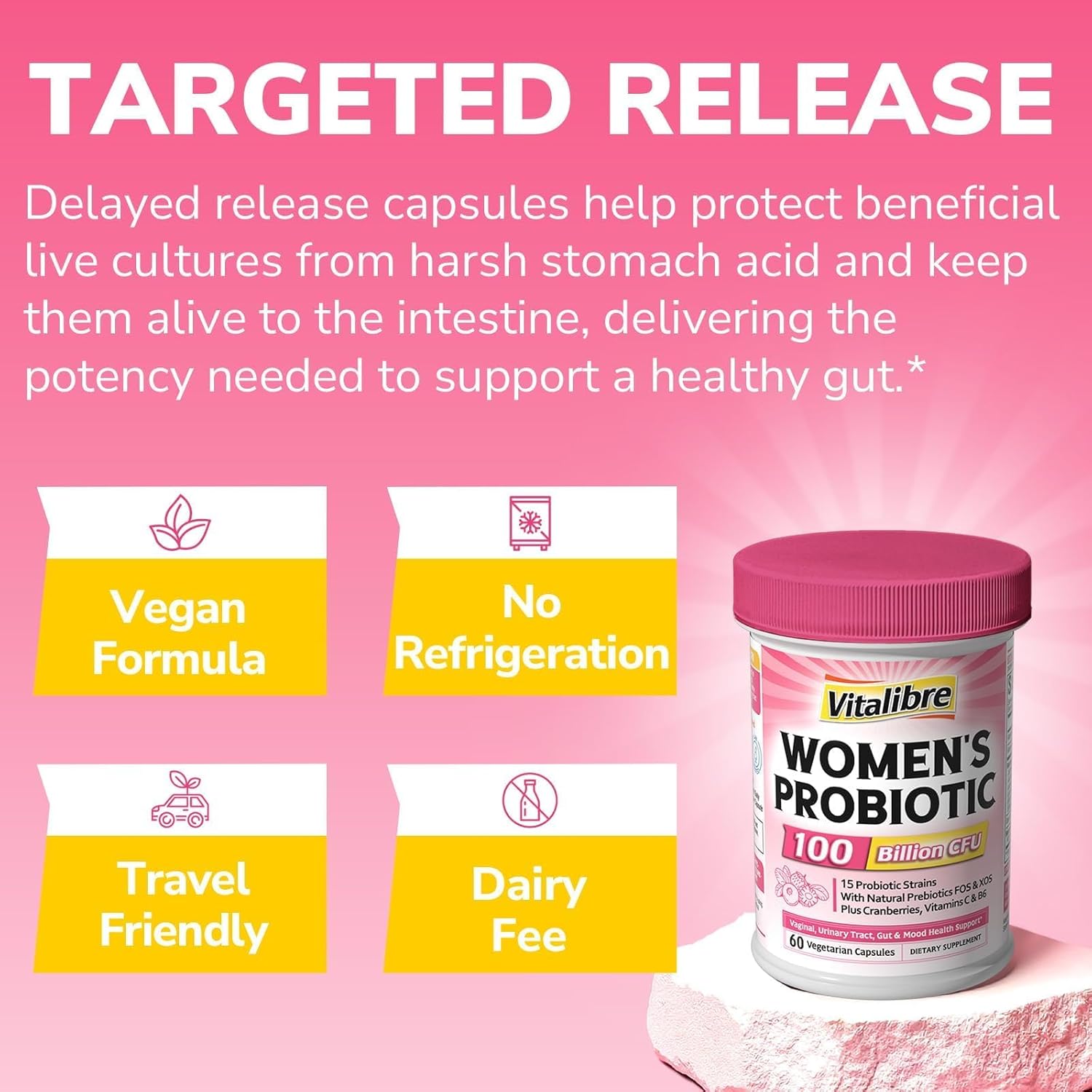 Probiotics for Women 100 Billion CFU 15 Strains, DailyProbiotic & Prebiotic Supplement with Organic Cranberry to SupportVaginal, Digestive, Immune Health, Shelf Stable, 60 Vegan Capsules - Image 6