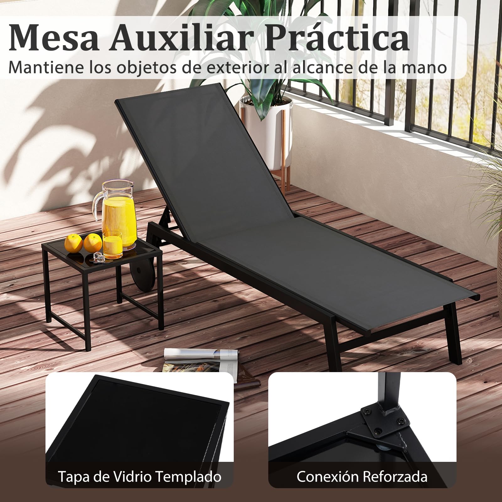 COSTWAY Tumbona Jardin Exterior con Ruedas, Tumbona Reclinable Textilene con Mesita de Cristal Templado, Respaldo Ajustable de 6 Niveles, Espreguiçadeira Jardim Playa Piscina Terraza, 150kg (Gris)