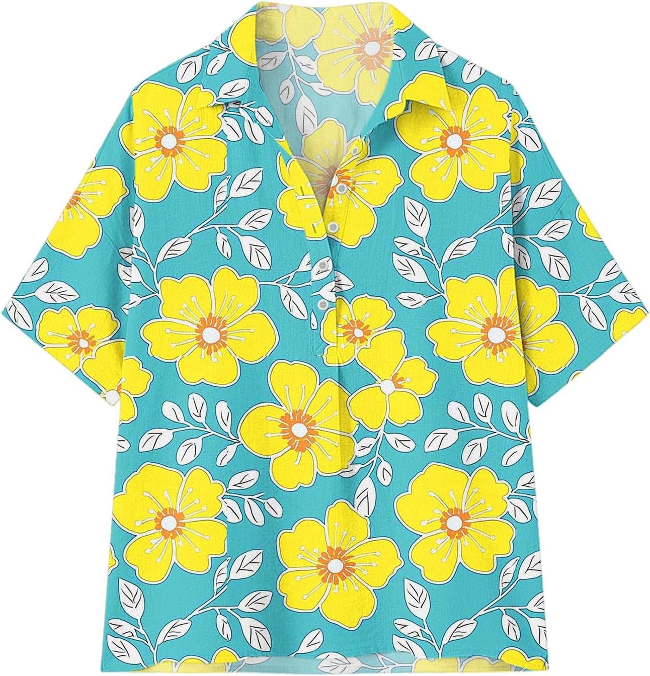 Womens Summer Top Floral Printed V Neck Button Collared Short Sleeve T Shirts Lightweight Travel Vacation Tees
