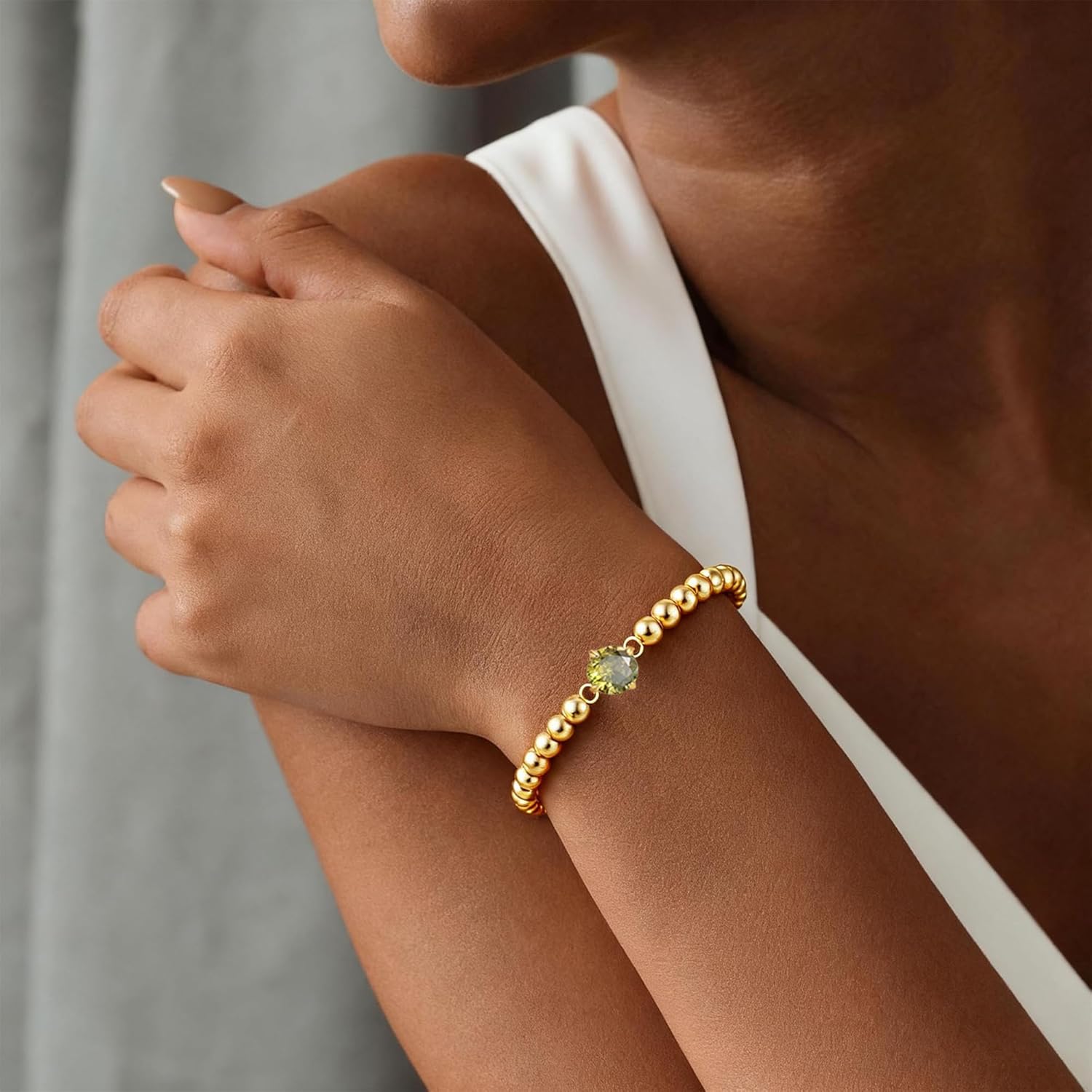 Gold Bracelets for Women - 14K Gold Plated Dainty Elastic Birthstone Bracelets for Women Gold Jewelry Bead Bracelet Gifts Christmas Stuff for Teen Women Friendship Bracelet - Image 3