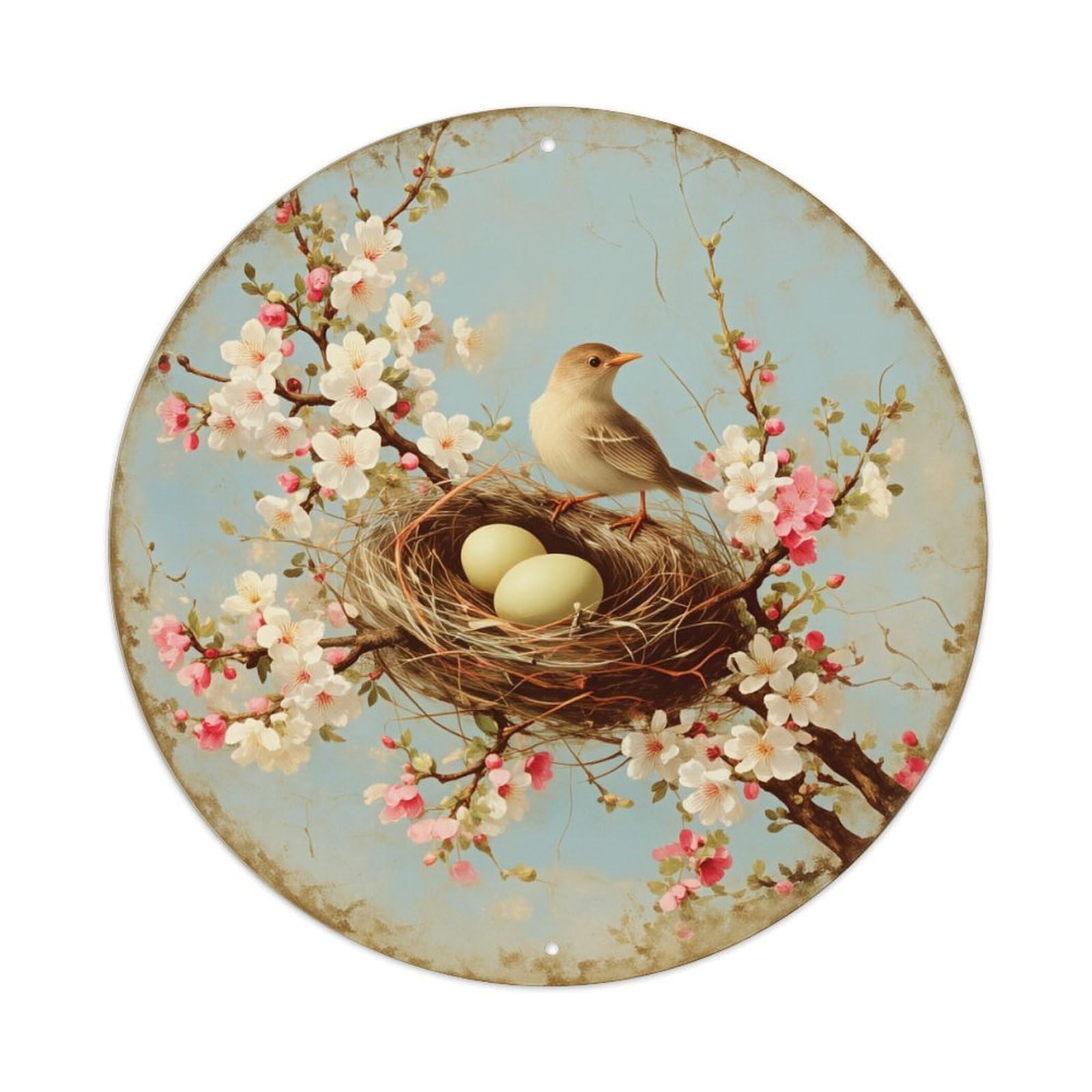 Bird Nest Cherry Blossom Spring Scene Round Tin Sign Vintage Metal Poster, Home Bar Garage Man Cave Cafe Indoor & Outdoor Wall Decoration 8x8Inches