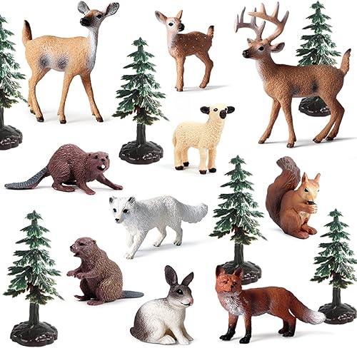 20 figuras de plástico de animales del bosque, figuras realistas de criaturas del bosque, juguetes en miniatura, kit de árbol de animales, juguetes