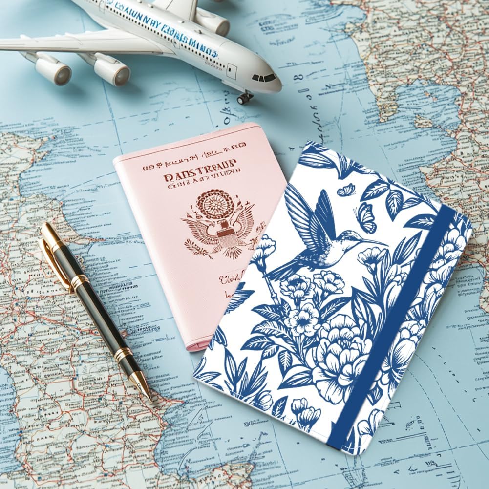 Passport Holder with Artistic Blue Bird and Flower Scene Secure PU Leather Travel Wallet decorative Passport Cover for Women Travelers 5.9 x 4.3 Inches