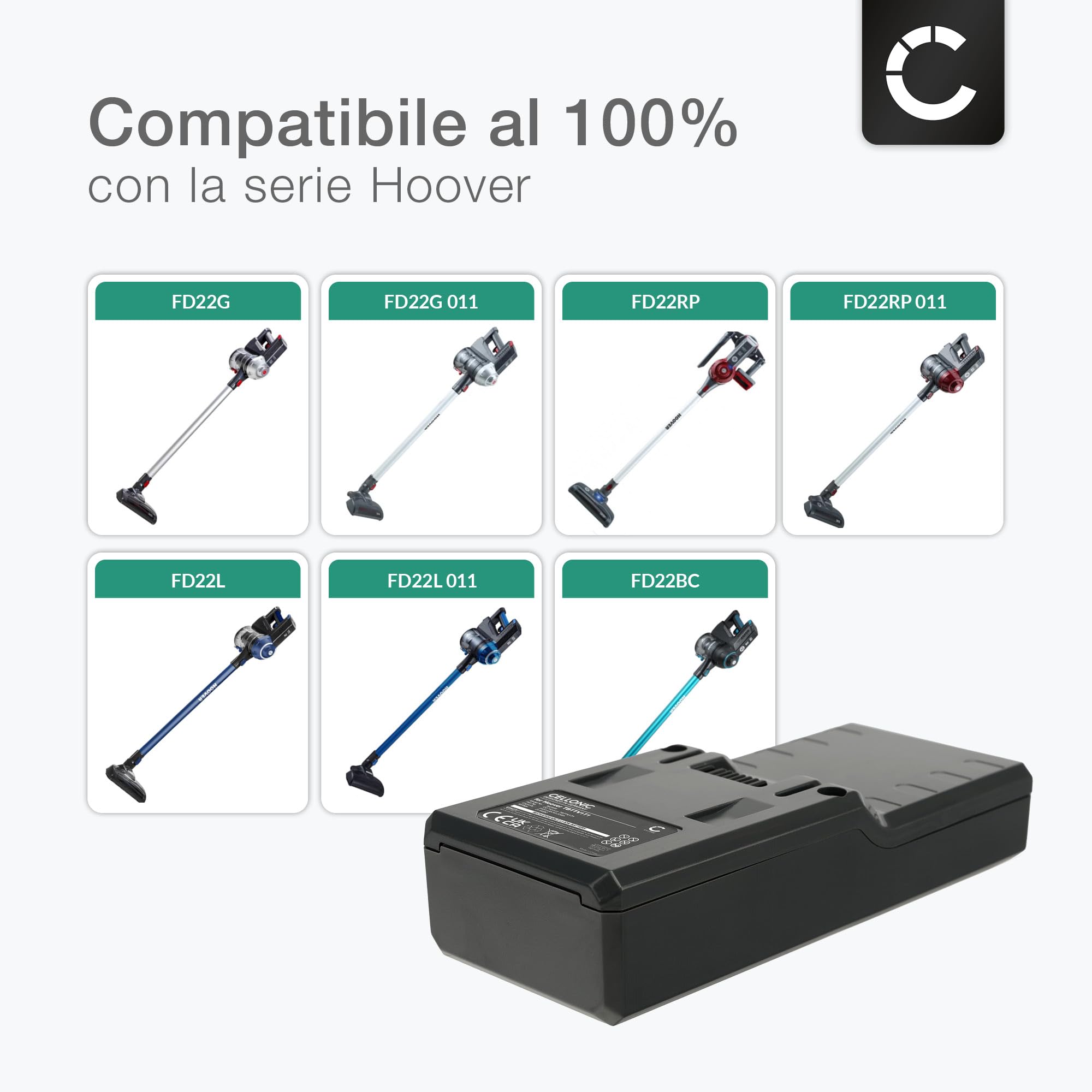 CELLONIC 1x Batteria per Aspirapolvere Compatibile con Hoover FD22G, FD22RP011, FD22G 011, Compatibile con Beko 9178015861 – (2000mAh, 21.6V)