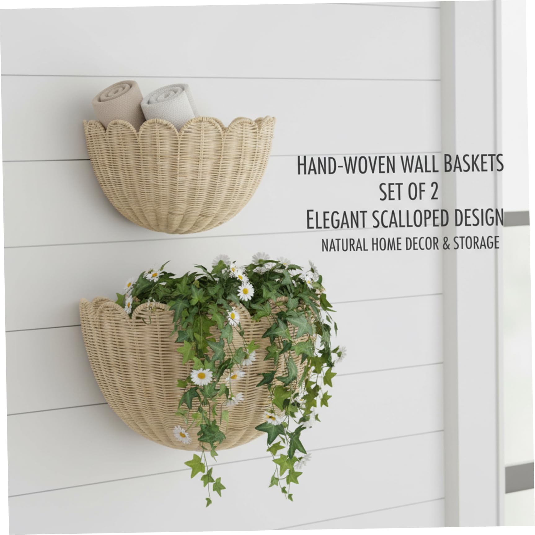 Lot de 2 paniers muraux décoratifs tissés à la Main, Style bohème festonné, Rangement et décoration en rotin pour la Maison, la Salle de Bain, la Cuisine, Le Salon, 2 Tailles