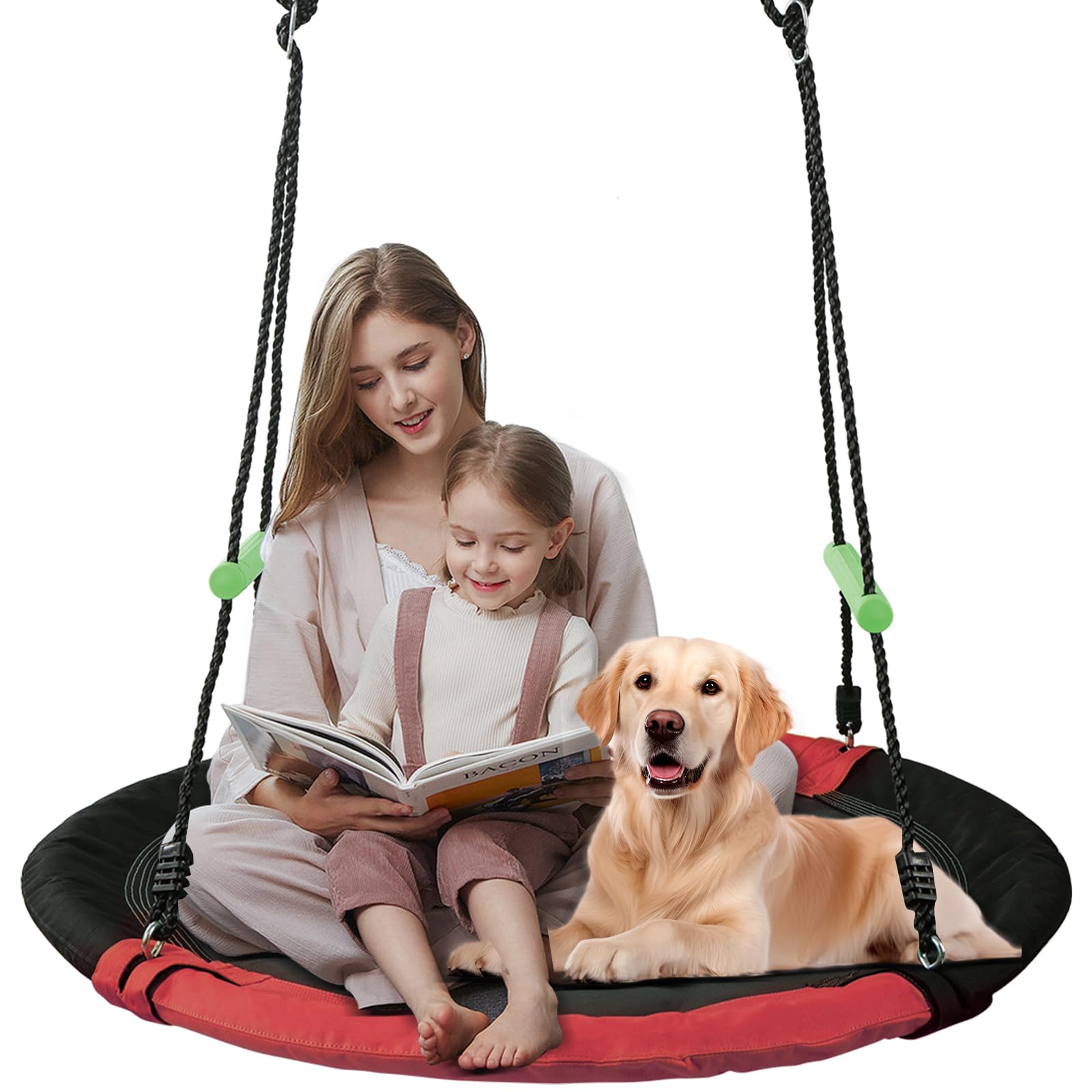 TBMLC 40 inch Diameter Saucer Swing - 1 Inch Diameter&1MM Thick Sturdy Steel Frame with Thick Foam Pipe Cover and Durable Oxford + PP Mat (Black+Red, 40 inches Diameter)