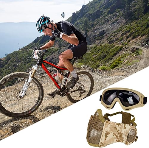 Miniatura 6 de Máscara Airsoft con gafas, máscara plegable de malla Airsoft de media cara con protección de oídos para paintball, tiro, cosplay, juego CS