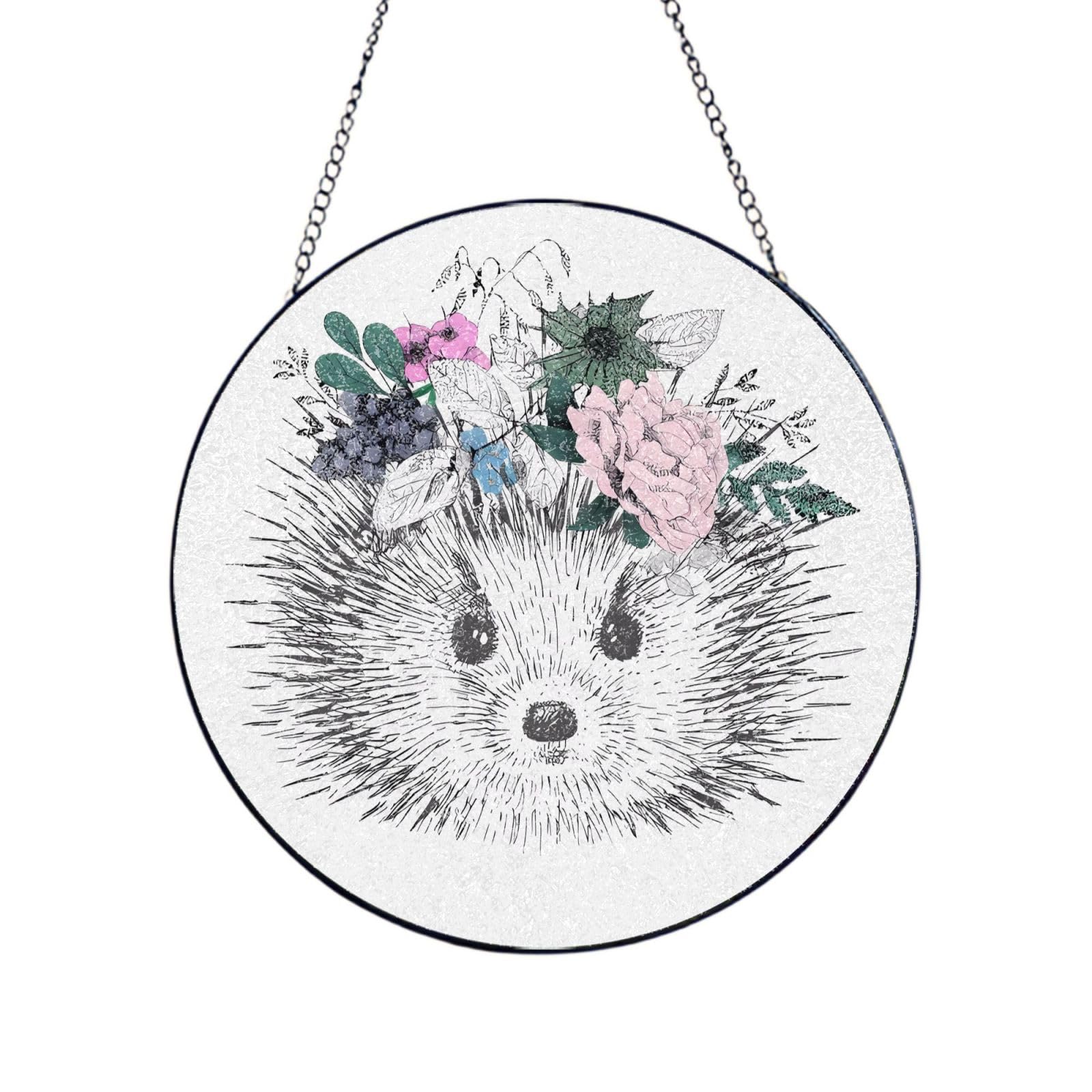 Phayah Hedgehog In Floral Wreath Print Glass Window Hanging Round Suncatcher Glass Ornament Garden Wall Fence Decorations Indoor Outdoor 6in（15cm）