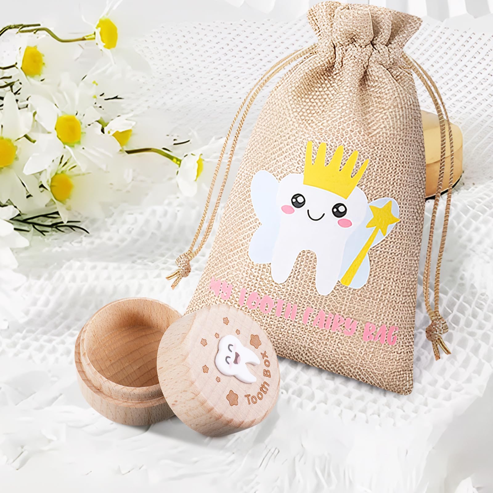 SIWOKJJO Tooth Fairy Box, Tooth Fairy Bag for Girls, Girl Keepsake Organizer, Lost Teeth Holder Box, Tooth Storage Box, Cute Wooden Tooth Fairy Keepsake - Image 4