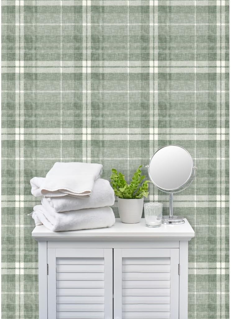 Spoonflower Commercial Grade Wallpaper Swatch - Sage Green Fall Plaid Distressed Check Tartan Autumn Neutral Traditional Wallpaper
