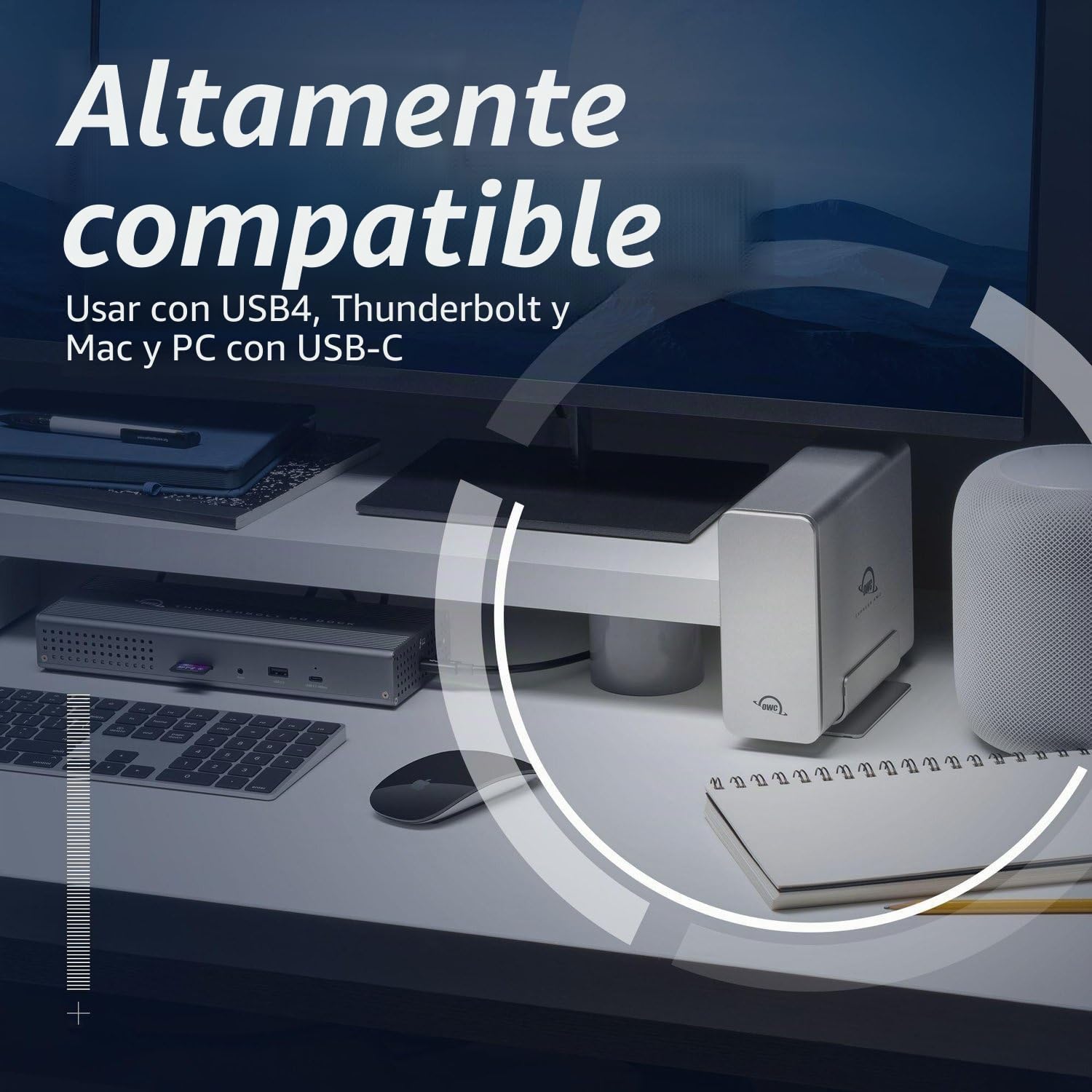 OWC Express 4M2 USB4 Caja 4 Ranuras NVMe M.2 2230/2242/2280 SSD | hasta 3200MB/s | Raid 0/1/4/5/10/JBOD | Compatible Mac/PC | Aluminio | Silencioso | Cable USB-C Incluido | Sin SSD