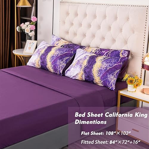 Miniatura 5 de PERFEMET Juego de edredón morado California King, 6 piezas con estampado de mármol colorido con sábanas, acuarela, ilustraciones abstractas, juego