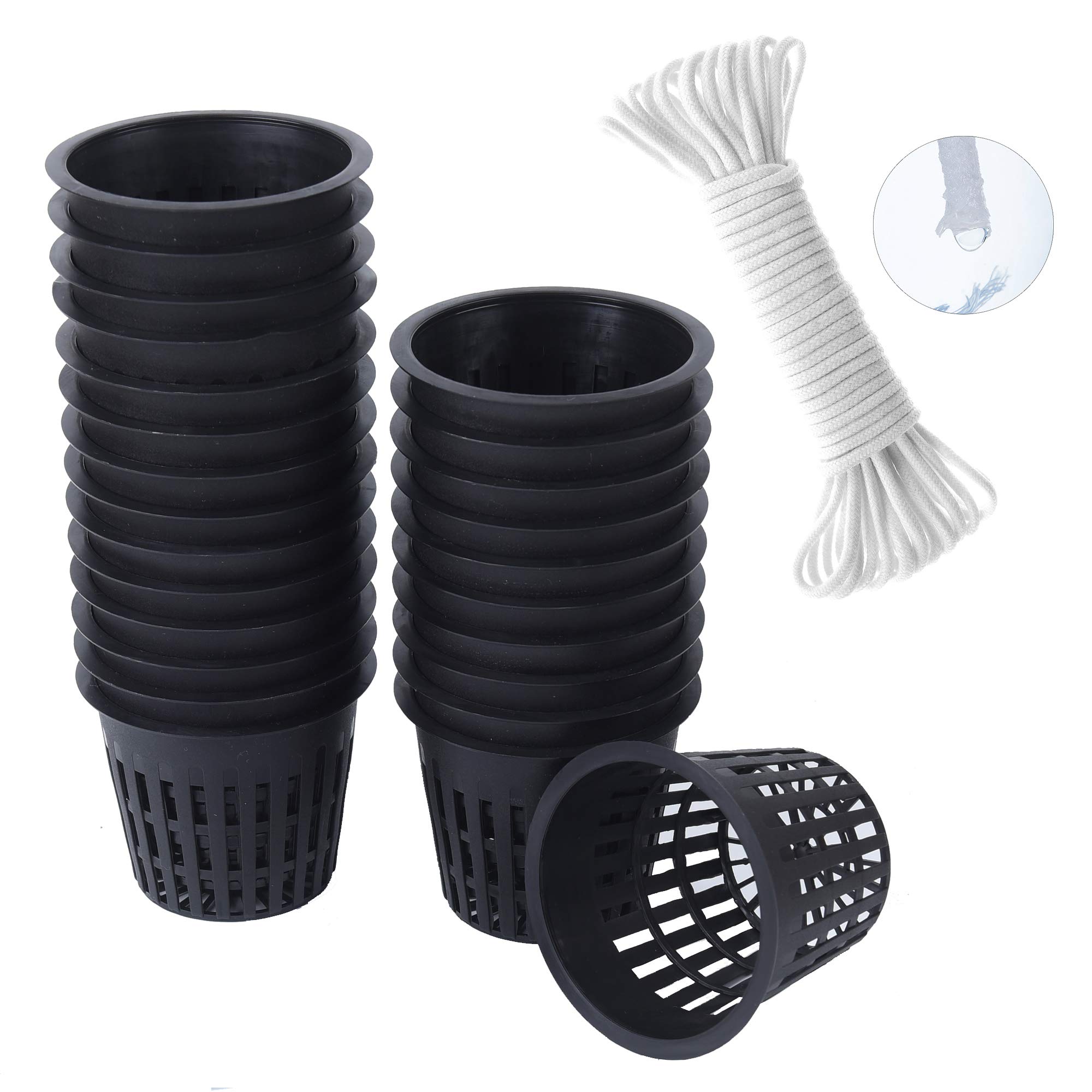 ORIMERC 4 inch 20 Pack Net Cup Pots, with 20 feet Self-Watering Rope, 20 Plant Labels, for Hydroponic Aquaponics Kratky Orchid Vegetable Indoor Outdoor Growing Baskets Nursery Slotted Mesh BPA Free