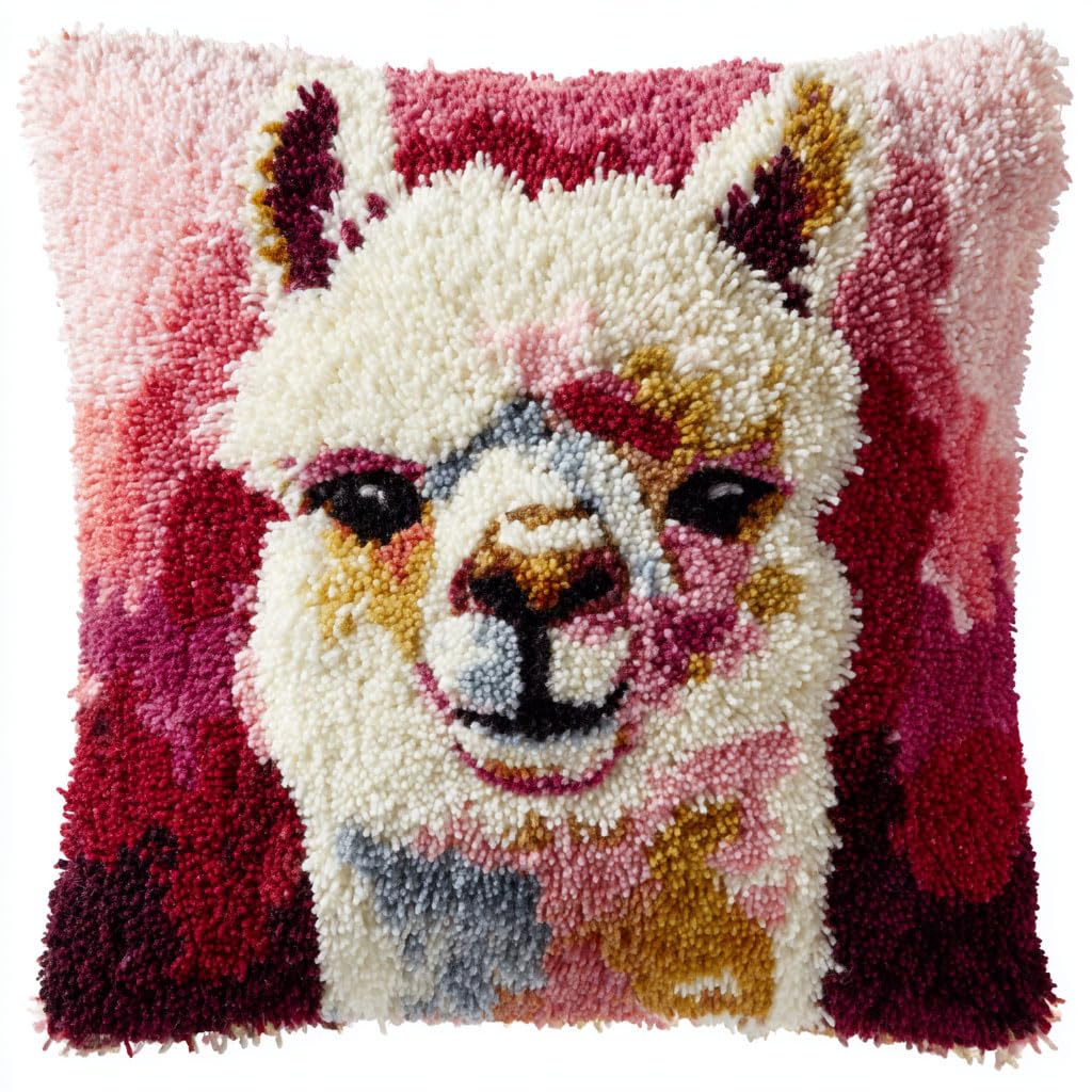Taxpy DIY Latch Hook Pillow Kits, Animal Alpaca Throw Pillow Cover Pre-Printed Patterns Pillowcase Needlework Crochet Yarns Latch Hooking Cushion for Sofa Decor 17x17inch