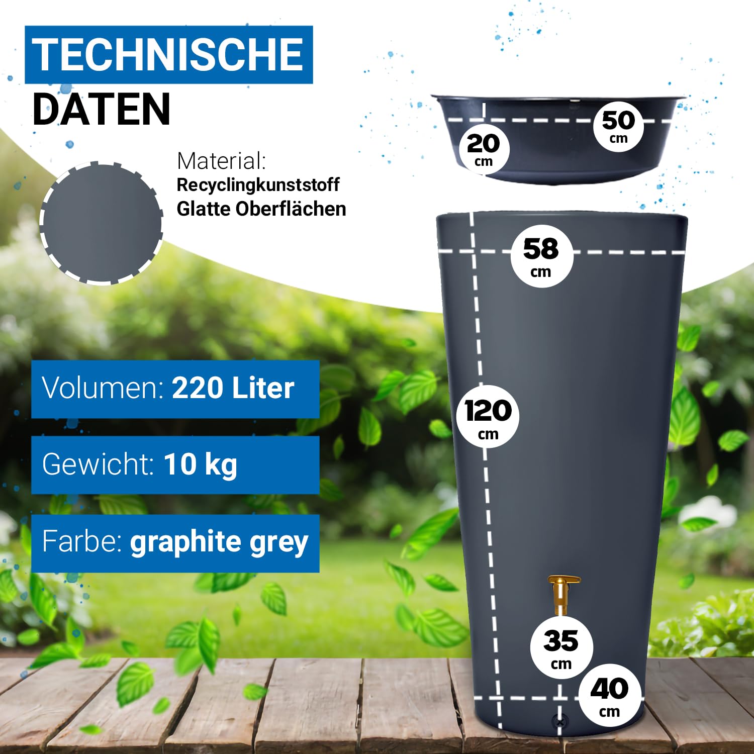 4rain Vaso 2in1 Regentonne 220 Liter Graphite Grey inkl. Pflanzschale | stilvolle Regentonne für Garten mit Auslaufhahn und Pflanzschale nachhaltiger Wassertank in Anthrazit für Bewässerung