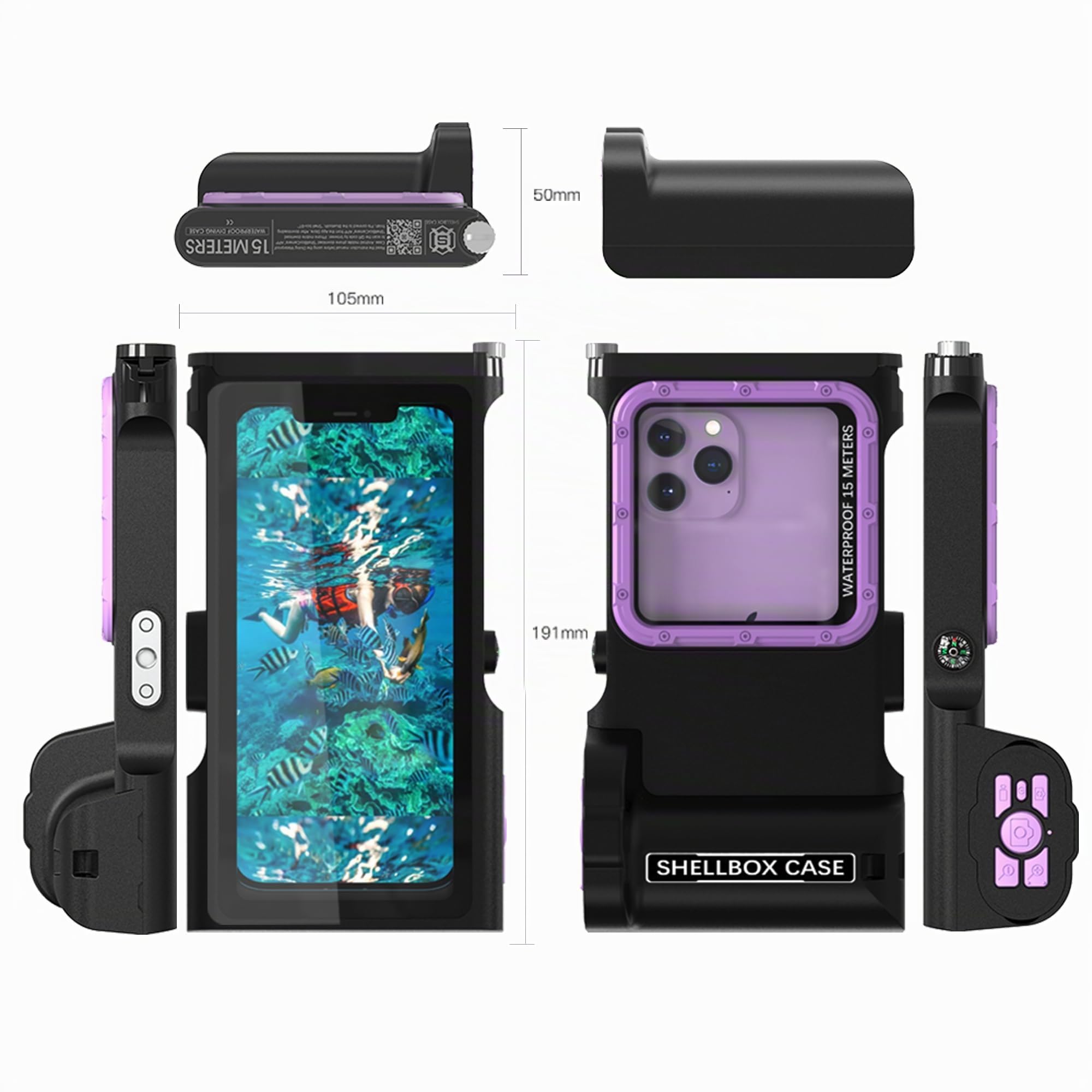 ShellBox Case Tauchtasche 3. Generation für Samsung Galaxy/Handy-Serie, Universal-Handys [4,9–6,9 Zoll], Schnorcheln 15 m, mit Kompass, Bluetooth-gesteuert, Schwarz / Violett