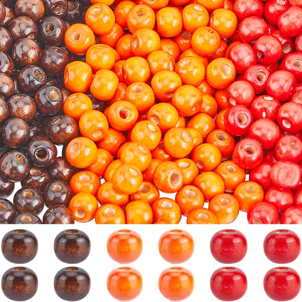 SUNNYCLUE 600Pcs Thanksgiving Wood Beads Bulk Fall Wooden Bead Red Orange Coconut Brown Natural Wood Round Large Hole Loose Spacer Beads for Crafts