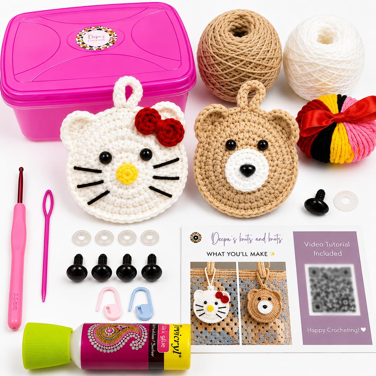 crochet kit for beginners – kitty & teddy bear mini pouch diy kit kt-03 | crochet animal kit with yarn, hook & video tutorial | storage box included | cute diy gift for girls & kids