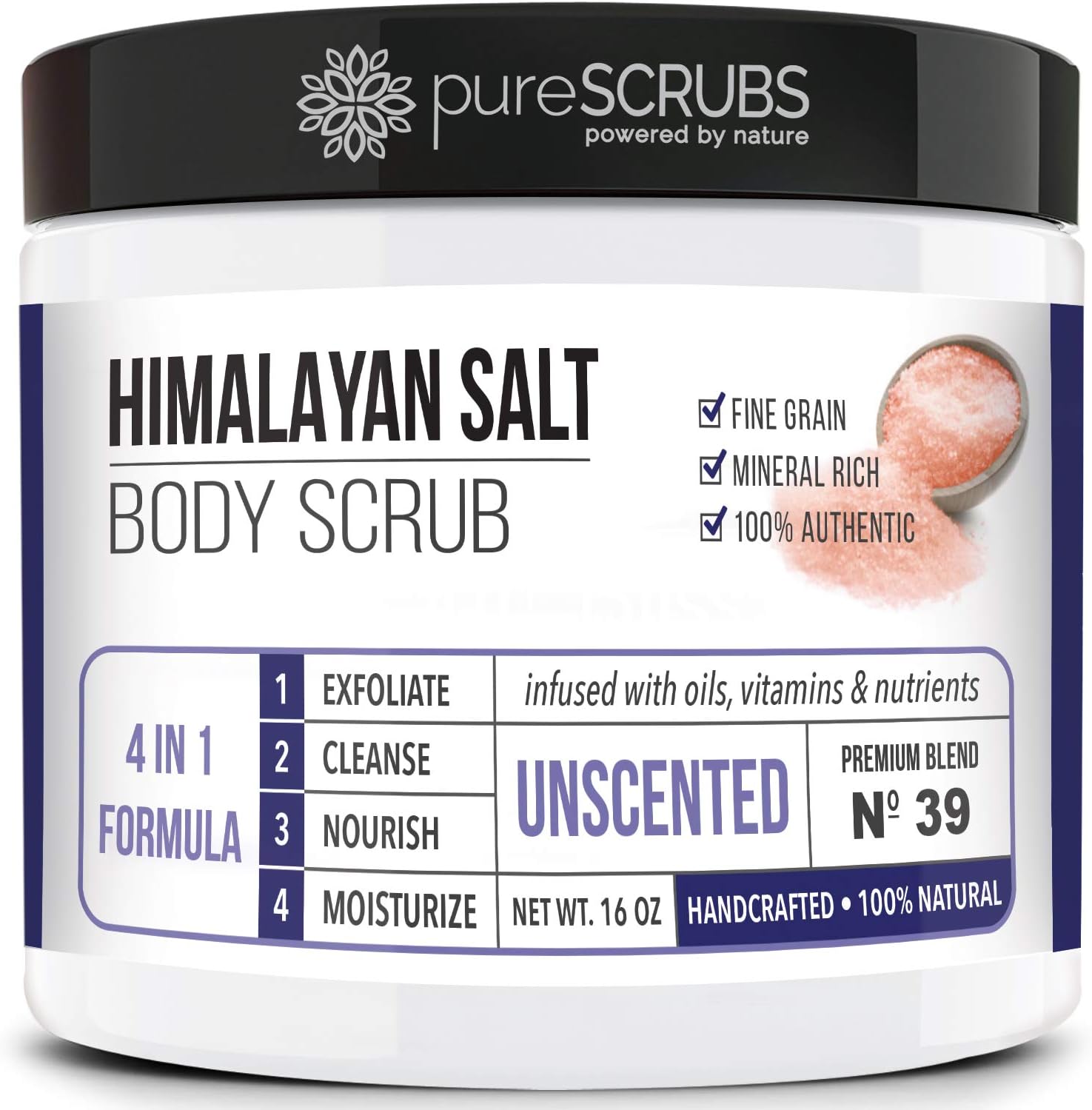 pureSCRUBS Premium Pink Himalayan Salt Body Scrub Set - Large 16oz UNSCENTED SCRUB, Organic Essential Oils & Nutrients INCLUDES Wooden Stirring Spoon, Loofah & Mini Exfoliating Bar Soap