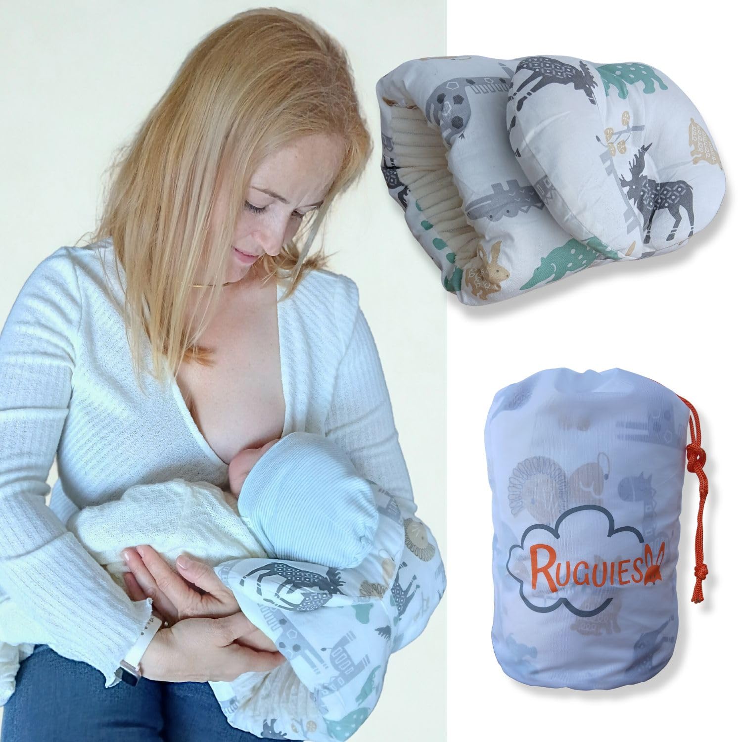 RUGUIES- Cojín de Lactancia Ergonómico para Bebés o Recién Nacidos- Brazalete Transportable para Lactantes- 2 Posiciones según Edad-Lactancia Materna o Biberón-De Viaje, Portátil- Oeko-Tex. (Savanna)