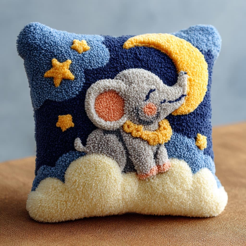 Taxpy DIY Latch Hook Pillow Kits, Elephant and Moon Throw Pillow Cover Pre-Printed Patterns Pillowcase Needlework Crochet Yarns Latch Hooking Cushion for Sofa Decor 17x17inch