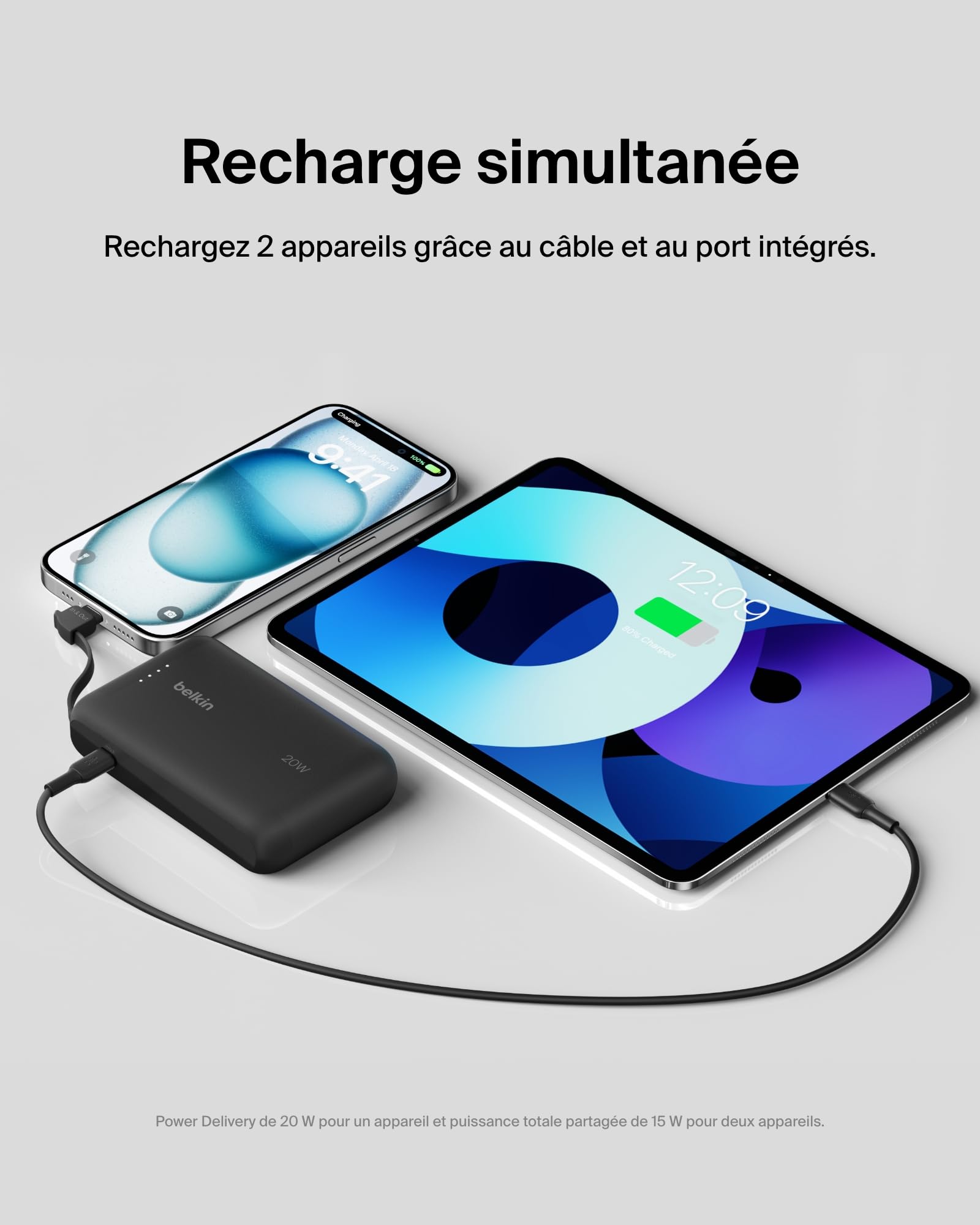 Belkin BoostCharge Batterie Externe 10 000 mAh Portable avec câble intégré (PD 20 W, Recharge Rapide USB-C Power Delivery, pour Tous Les modèles de l'iPhone 16/15, iPad Pro, Galaxy S24, etc.)