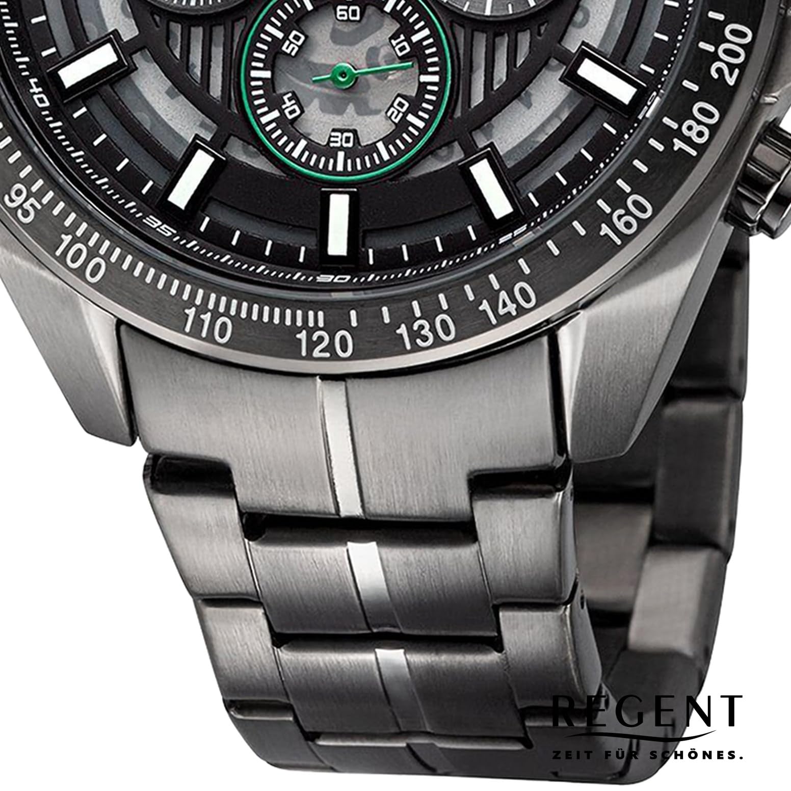 REGENT Orologio da uomo, cronografo, in acciaio inox, con cinturino a maglia, analogico, 10 ATM, BA-832, Pistola-nero-verde, Bracciale