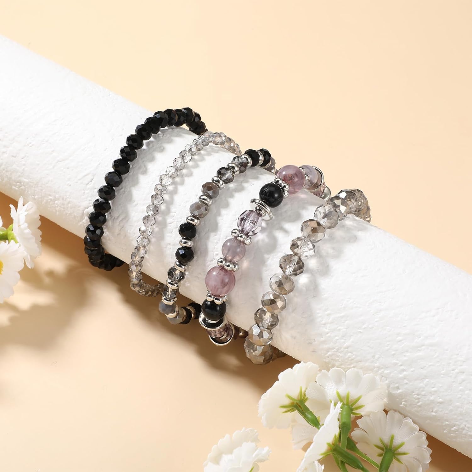 5 PCS Colorful Boho Bracelets Stack, Black Stacked Bracelets for Women, Crystal Glass Beads Stretch Bracelet for Jewelry Birthday Gifts - Image 6