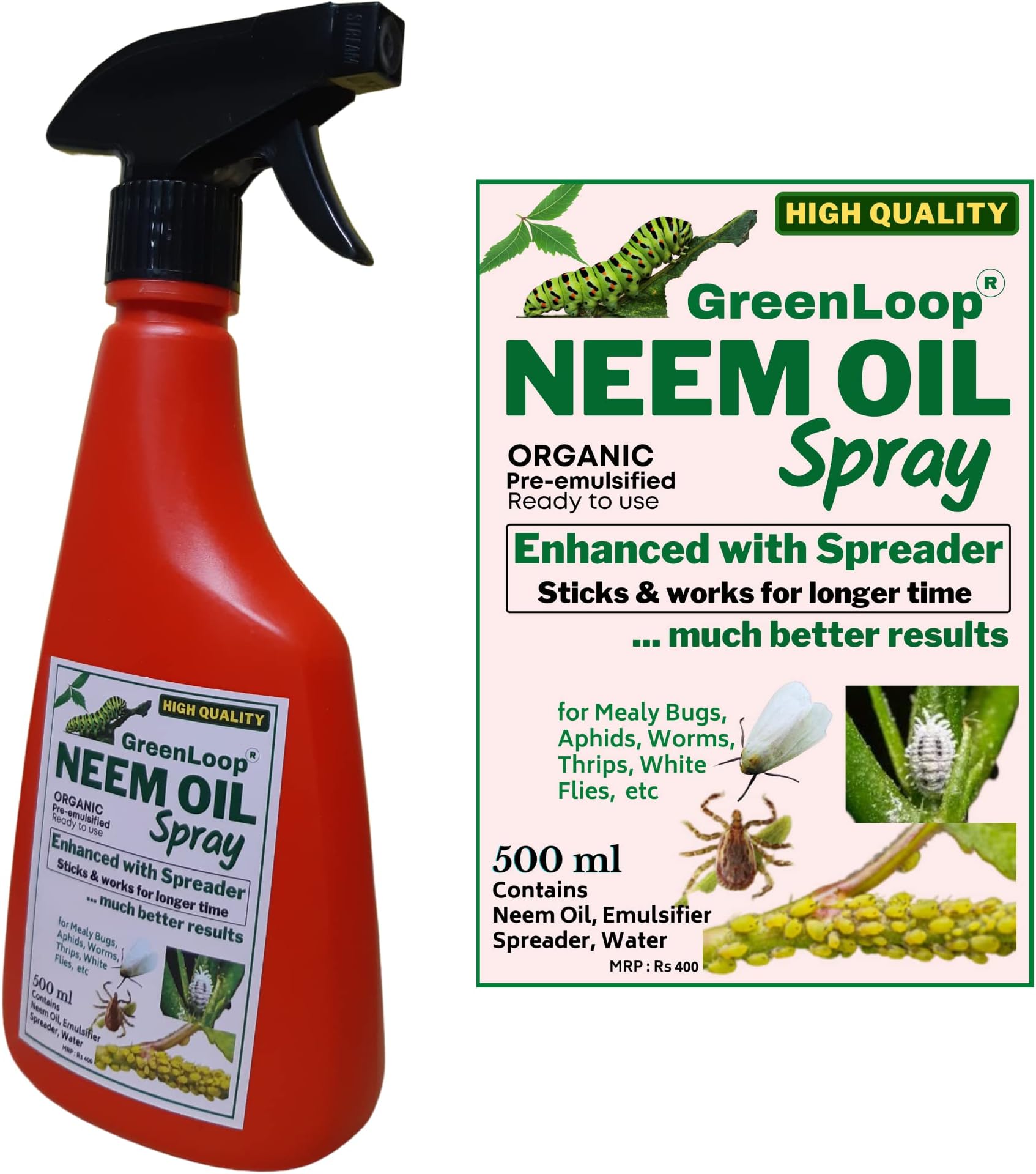Neem Oil Spray, One Bottle, 500ml, Advanced, pre-emulsified with Spreader, Sticks & Works for Longer time.