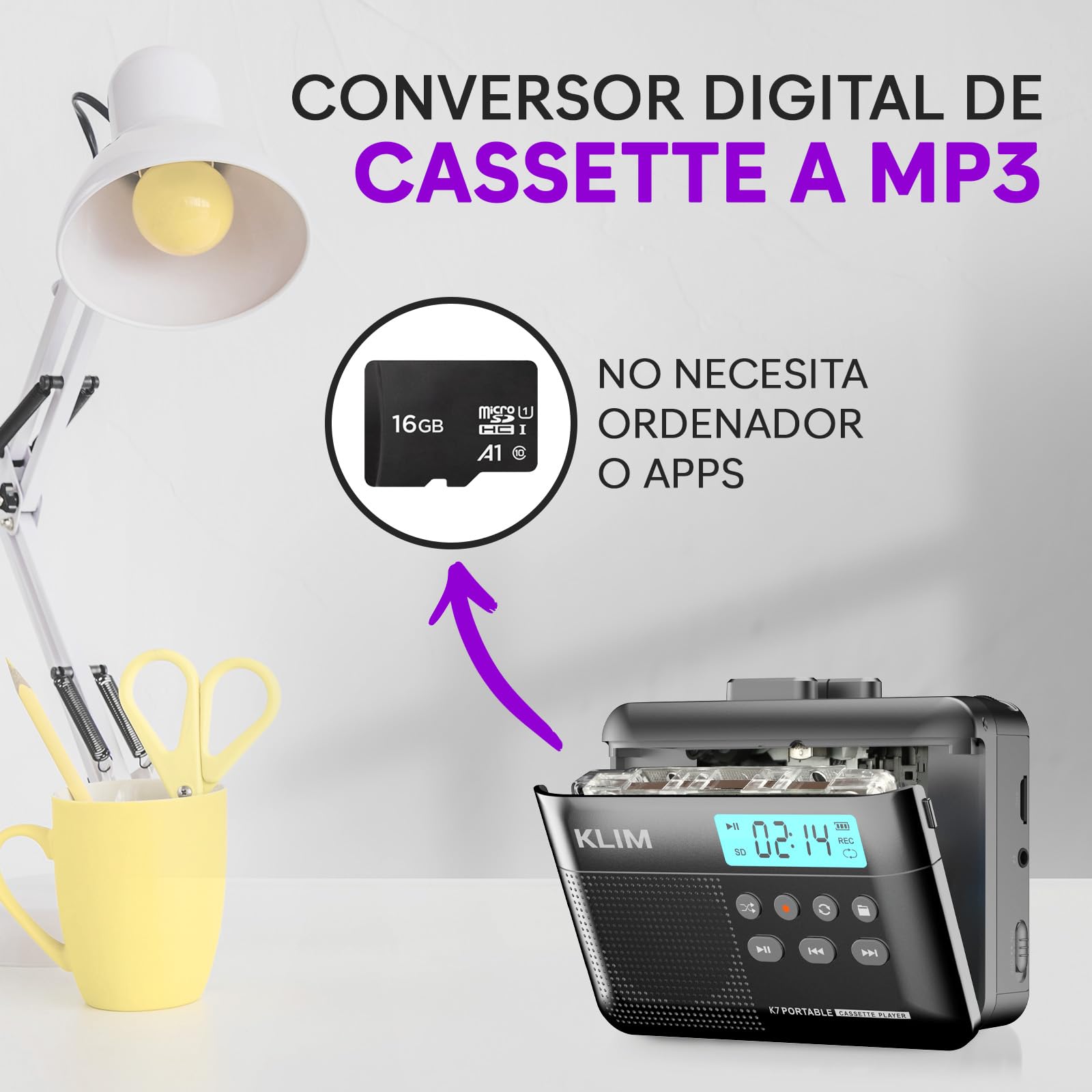 KLIM K7 Reproductor Cassette - Conversor de Cassette a MP3 - Player Portátil con Micrófono y Altavoz Integrados - Batería Recargable - Auriculares - Tarjeta SD 16 GB - Ceniza
