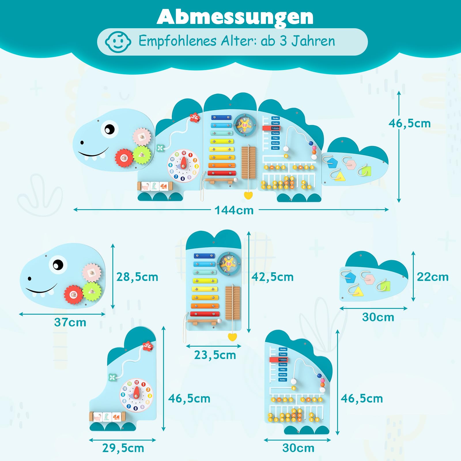 DREAMADE Montessori Busy Board, Motorikbrett aus Holz mit Blöcken & Xylophon & Zahnrädern & Uhr, Montessori Wandboard Motorikspielzeug für Kinder ab 3 Jahren (Dinosaurier-Blau)