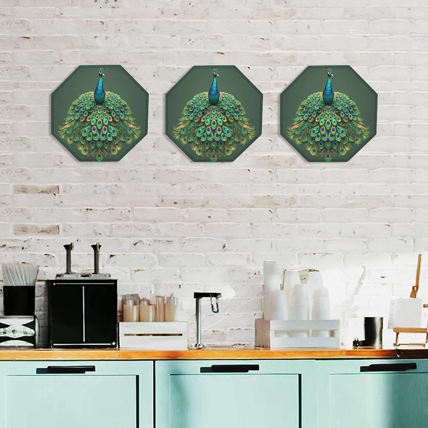 Ctagon Metal Sign for Home, Modern Display Plate for Kitchen, Peacock with Tassels Plates Accent Hanging Wall Decorations 3PCS for Living Room, Bedroom, Hallway, Hotel