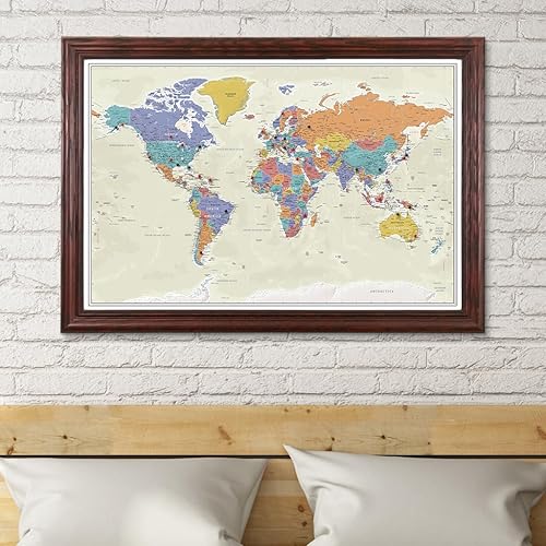 Vista 73 de Lienzo - Mapa de viaje personalizado Tan Oceans World Push Pin con marco negro
