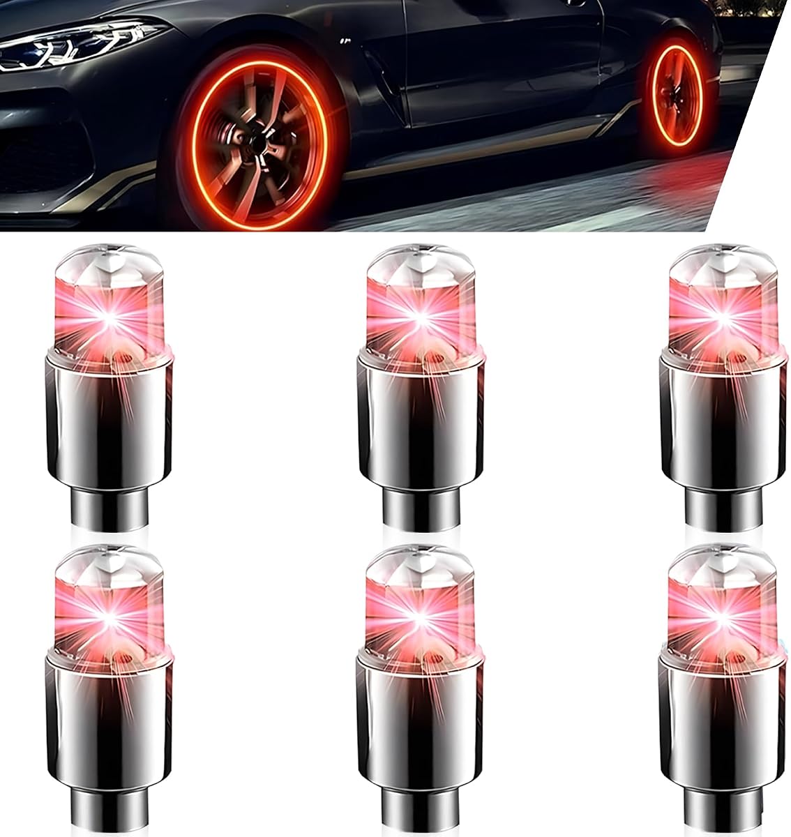 MLY 6 PCS LED Tire Valve Caps, Waterproof Wheel Tire Valve Lights, Wheel Rim Accent Lighting with Night Safety Mode & Style-Enhancing Glow Technology, Universal for Cars/Trucks/SUVs/Motorcycles (Red)