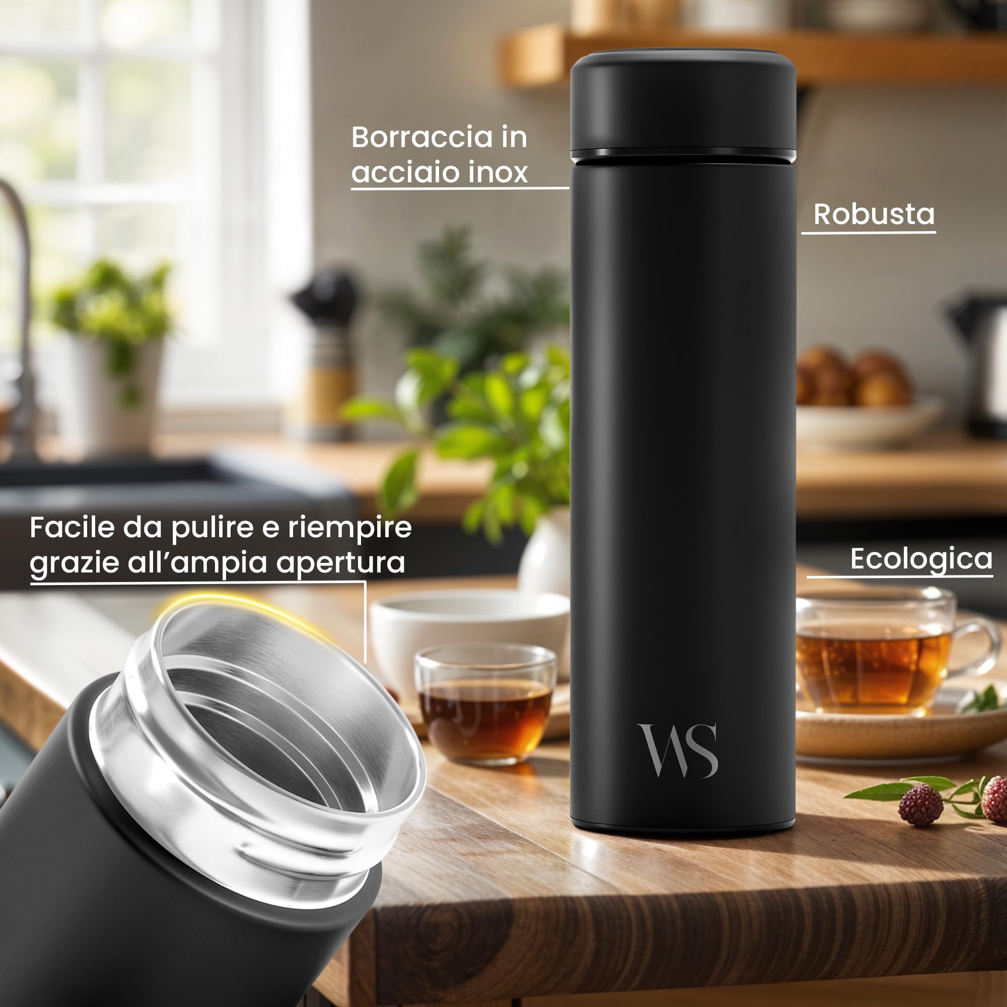 Infusore per tè/frutta e borraccia d’acqua + colino + inserimento per frutta senza BPA | 450ml bottiglia termica in acciaio inox con isolamento vuoto | ufficio, outdoor, scuola, sport – caffè, tè