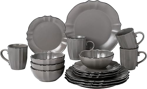 Lorren Home Trends Vajilla gris pizarra con borde festoneado, 16 piezas, tamaño pequeño