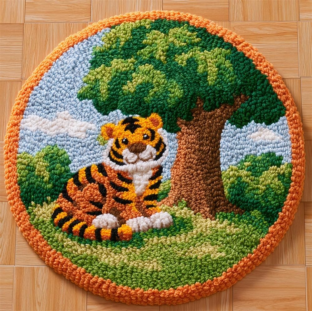 kitphoenix Latch Hook Rug Kit DIY Rug Making Craft for Adults with Color Printed Canvas Tiger Under The Tree 20X20Inch (50X50Cm) Pattern Crochet Embroidery Carpet Set Home Decor