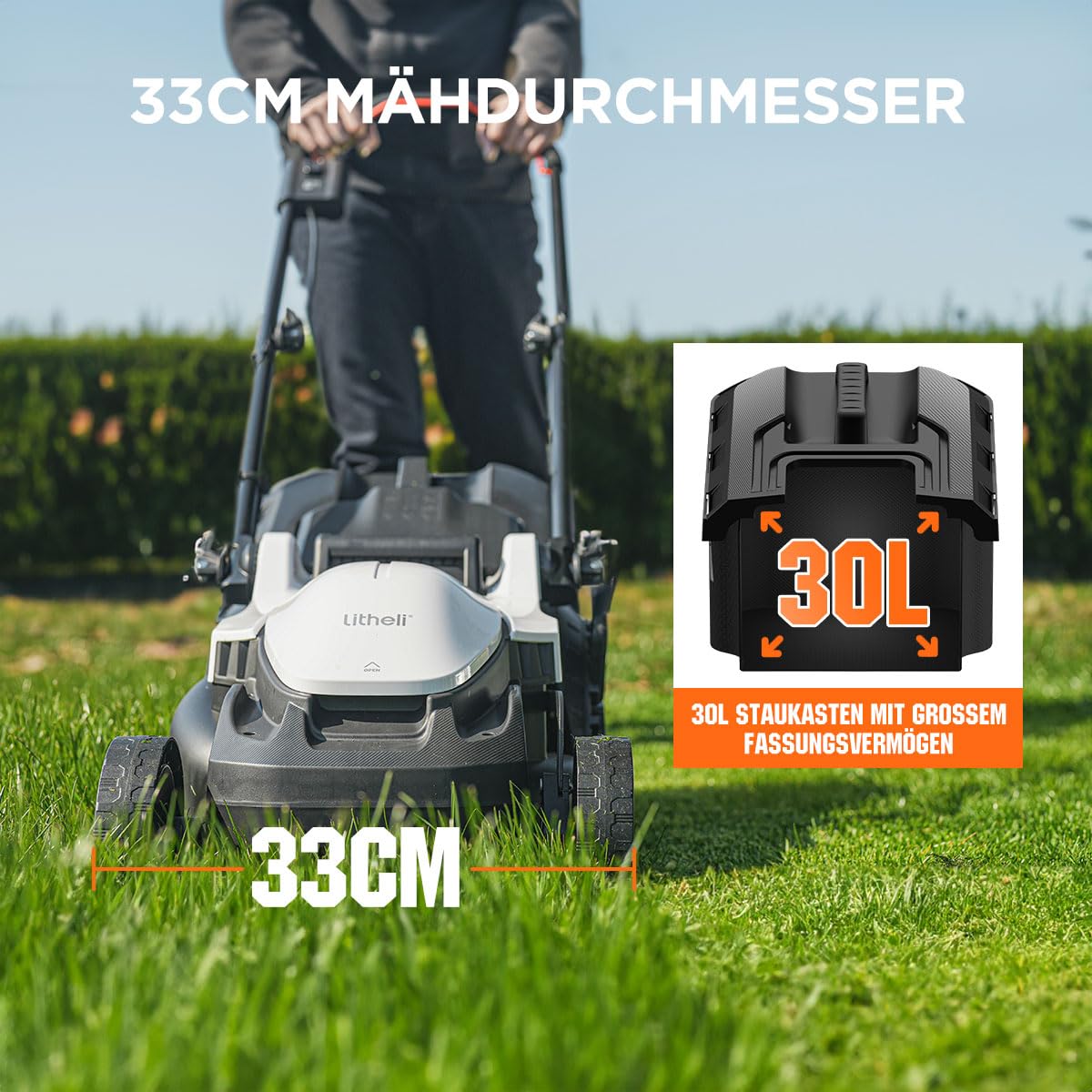 Akumulatorowa kosiarka Litheli, kosiarka do trawy 500㎡ z bezszczotkowym silnikiem elektrycznym, szerokość cięcia 33 cm, pojemność 30 l, wysokość koszenia od 25 mm do 65 mm