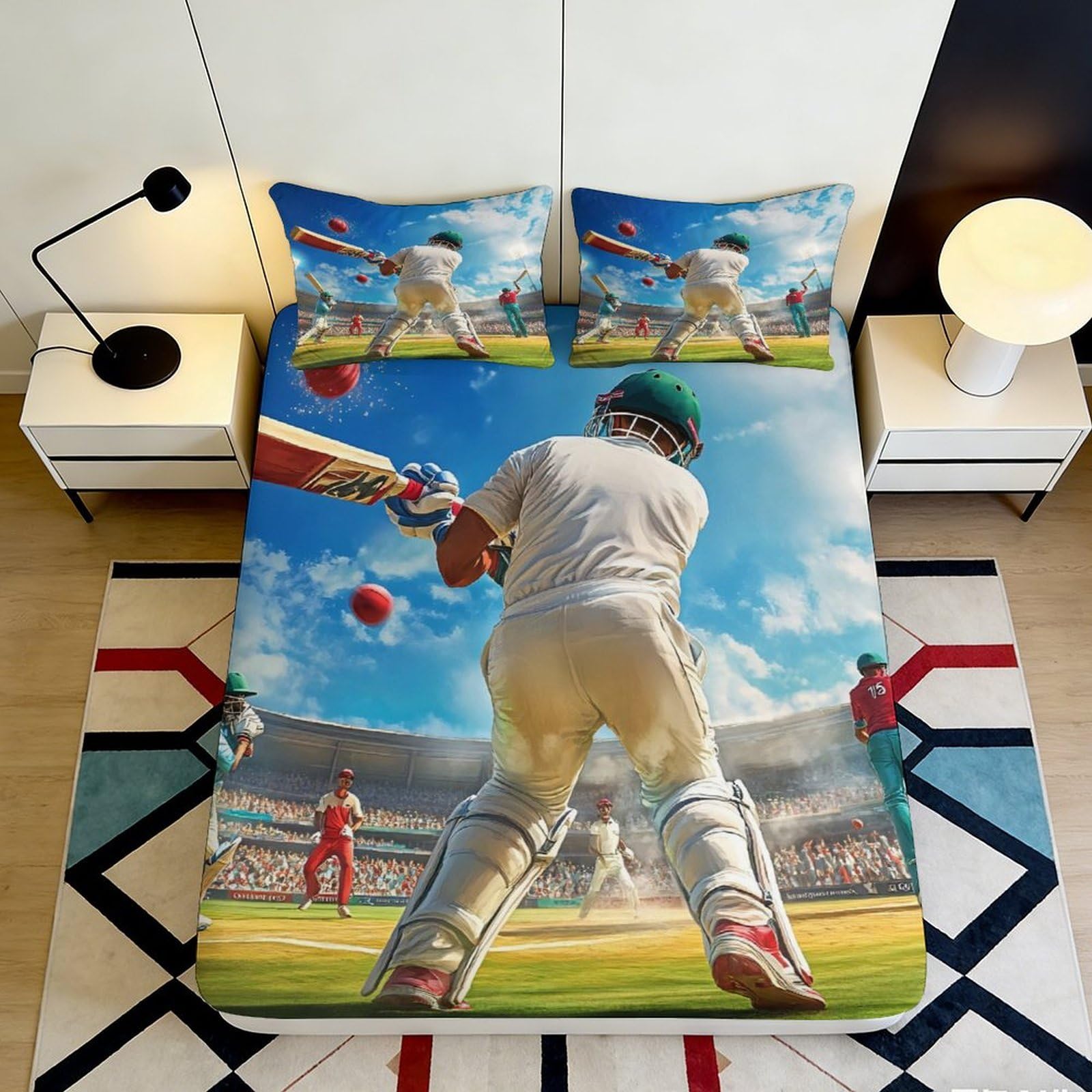 3D Printed Cricket Stadium Fitted Sheet Microfiber Soft Breathable Sports Match Bed Cover for Bedroom Dorm Decor 90x200x25cm